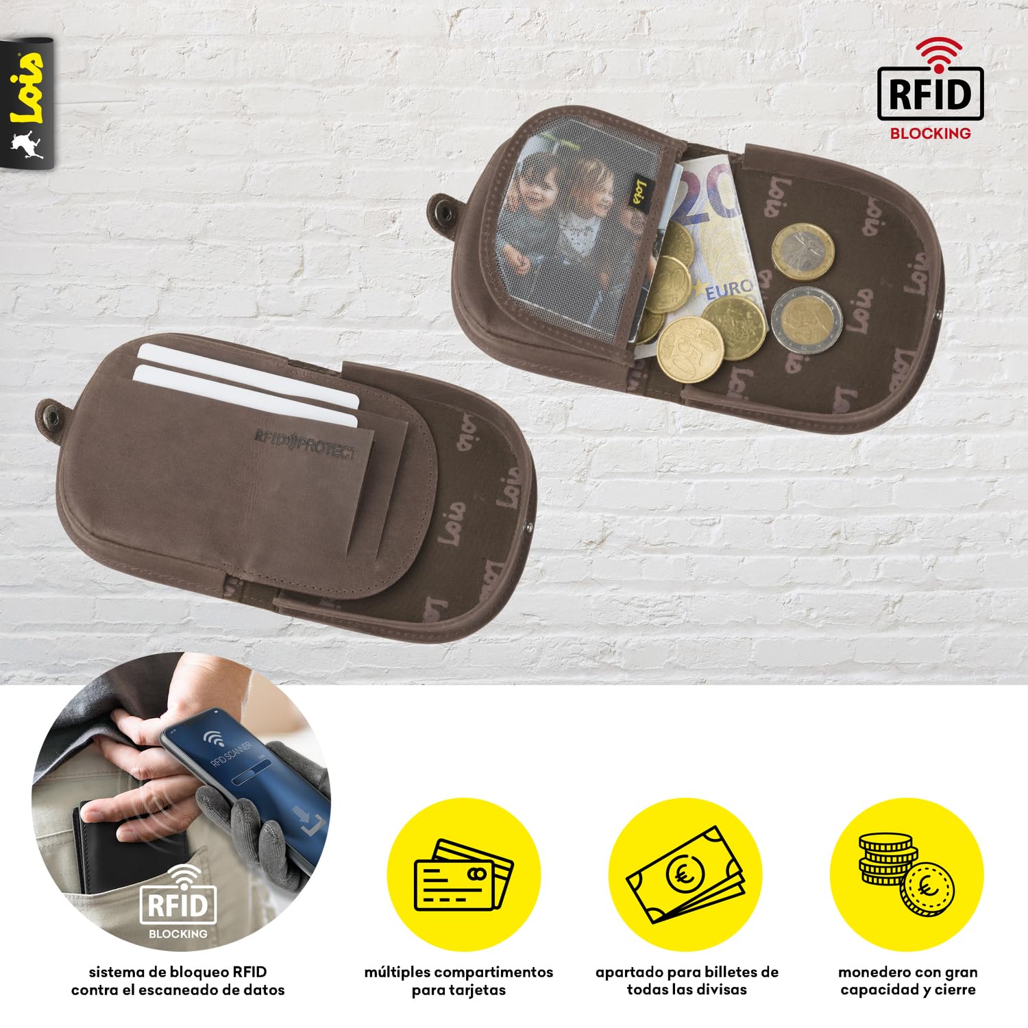 Lois - Monedero Piel para Hombre, Monederos Pequeños, Portamonedas y Monedero de Piel Hombre. RFID
