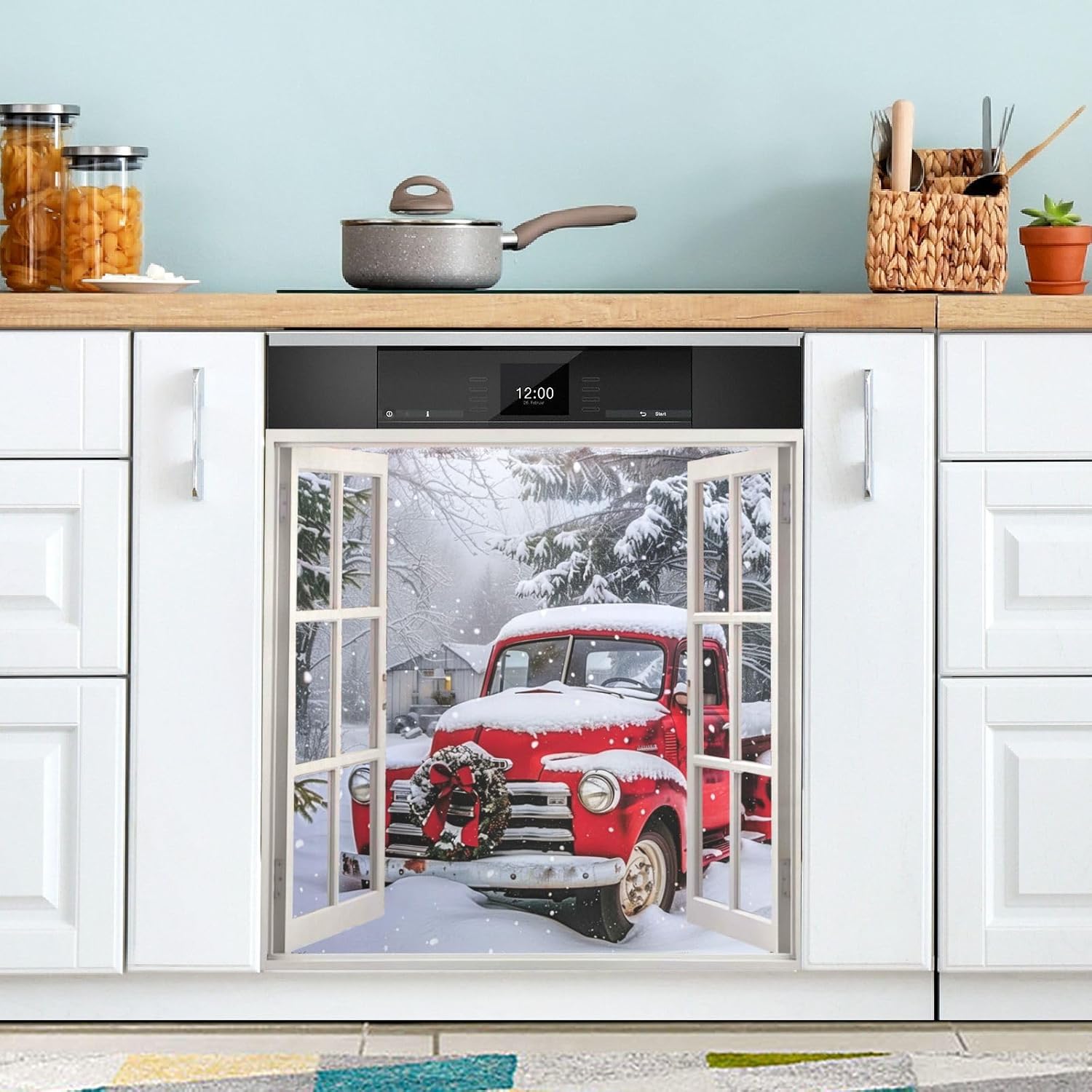 Snow Red Truck Dishwasher Magnet Cover Winter Tree Magnet Door Panels Home Cabinet Appliances Stickers for Wash Machine Dryer 23x26in