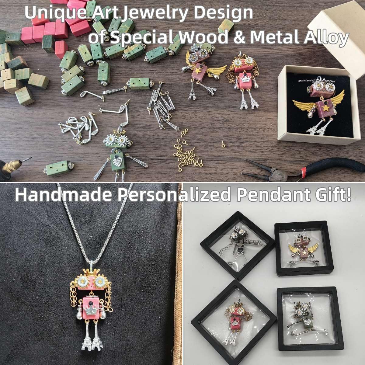 DEUXPER Steampunk Robot Pendant Necklace for Men Women, Unisex Unique Charms Jewelry Design of Pure Handmade With Wood and Metal Chain, Creative Birthday Gift