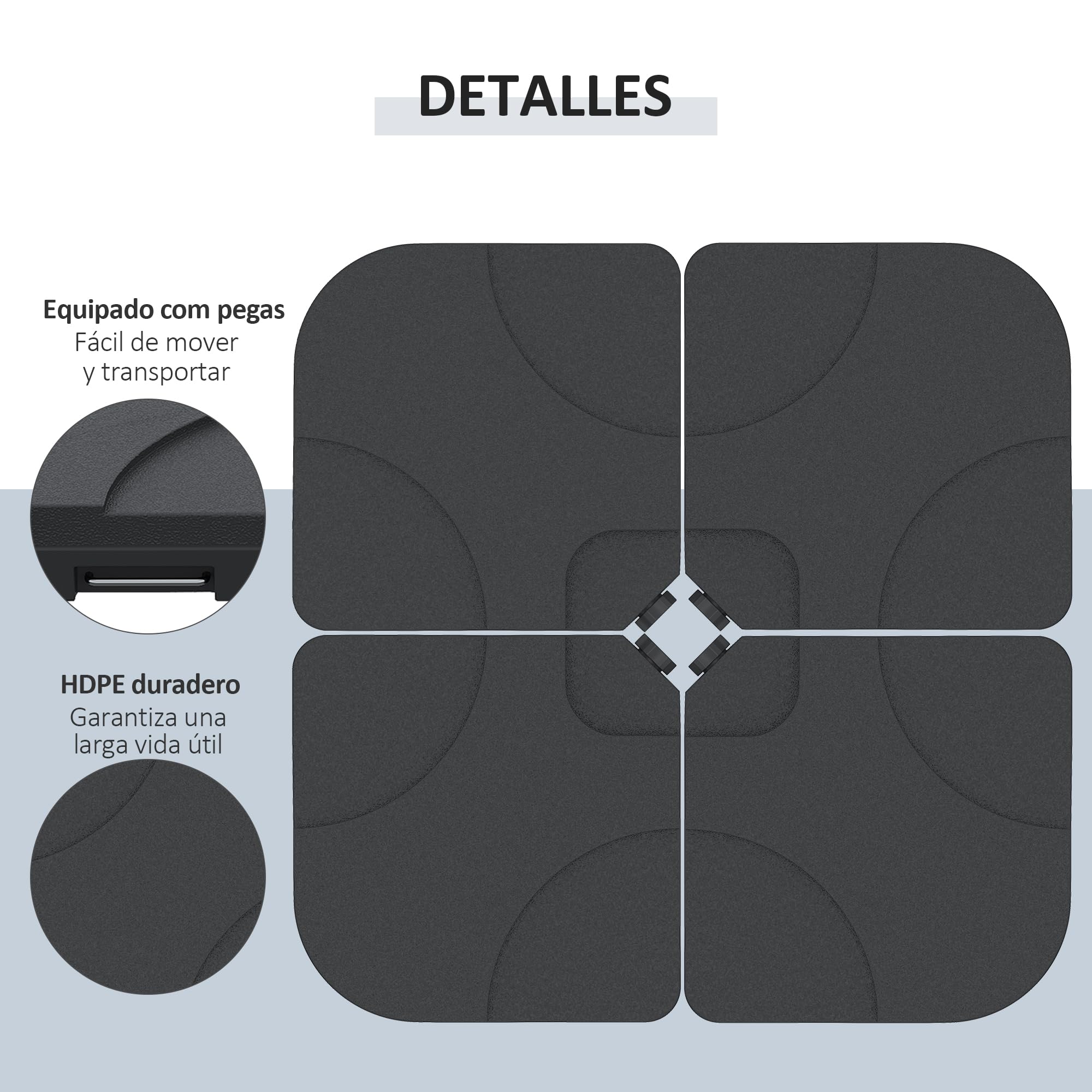Outsunny Base para Sombrilla de 4 Piezas, Soporte para Parasol de HDPE Rellenable con Agua 15 kg o Arena 18 kg, para Jardín, Patio, Terraza, 100x100x7,5 cm, Negro