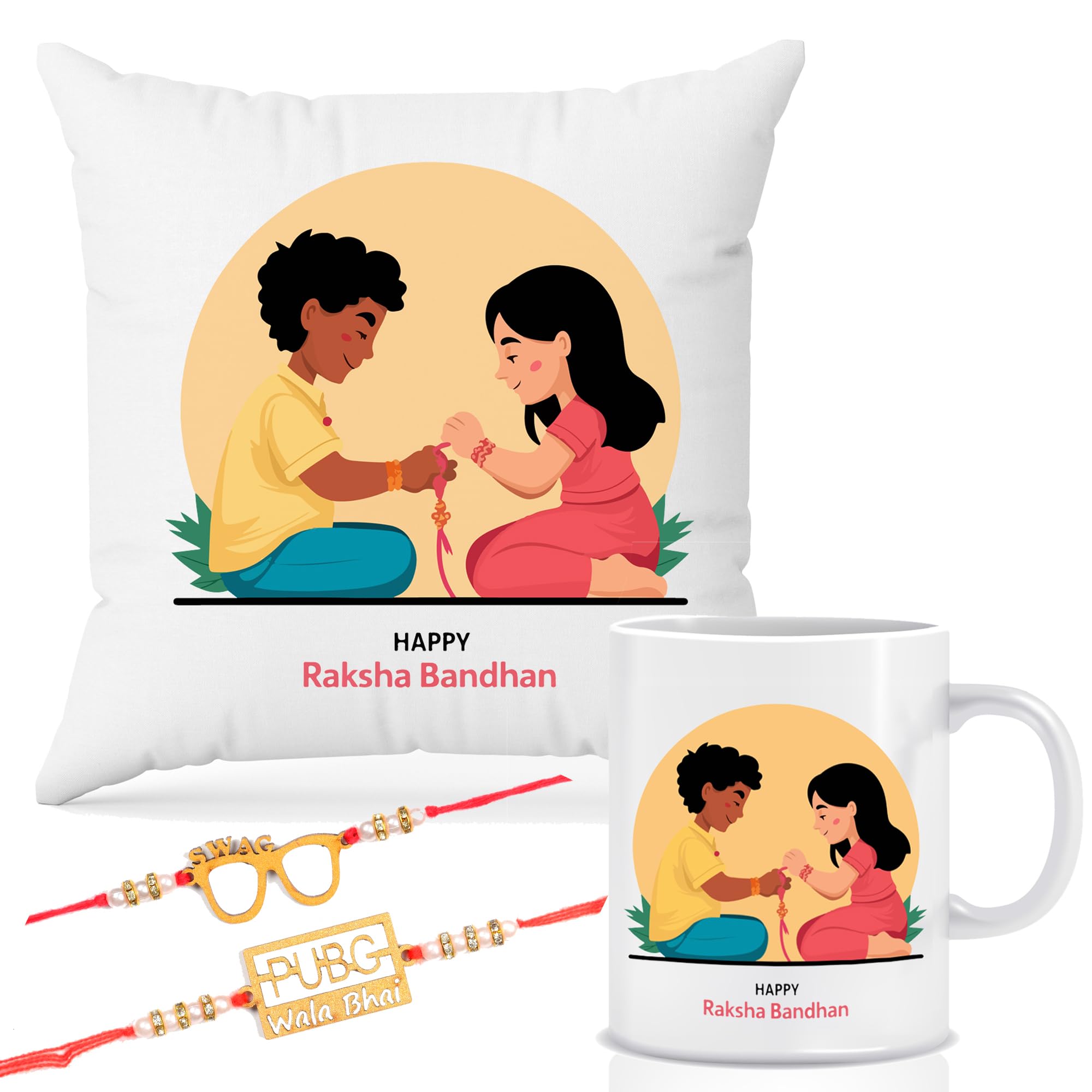 Raksha Bandhan Gift Combo – Cushion with Filler, Printed Coffee Mug & 2 Rakhi | Cute Brother Sister Cartoon Design | Rakhi Gift Set for Brother, RKCMUG-16