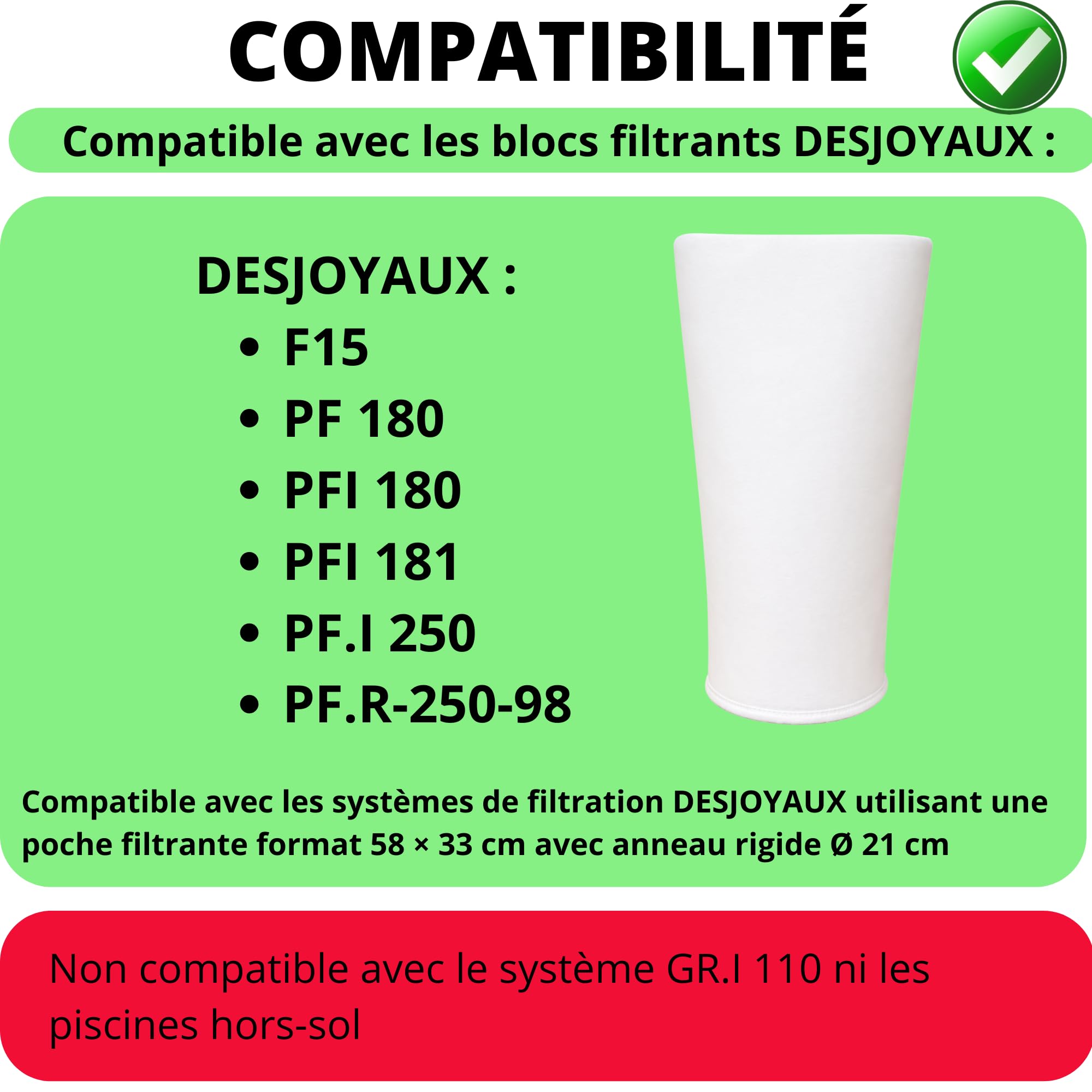 PHONILLICO Poche Filtrante Piscine [Lot 2] 30 Microns Compatible avec Desjoyaux F15 PF180 PFI180 PFI181 PF250 Filtre 58x33cm Anneau Rigide Ø21cm