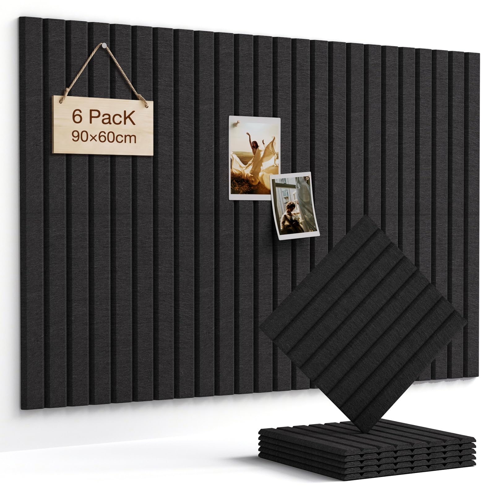 Woovio Cork Board 90×60cm Wall Pin Board with 60 Adhesive Tabs Black