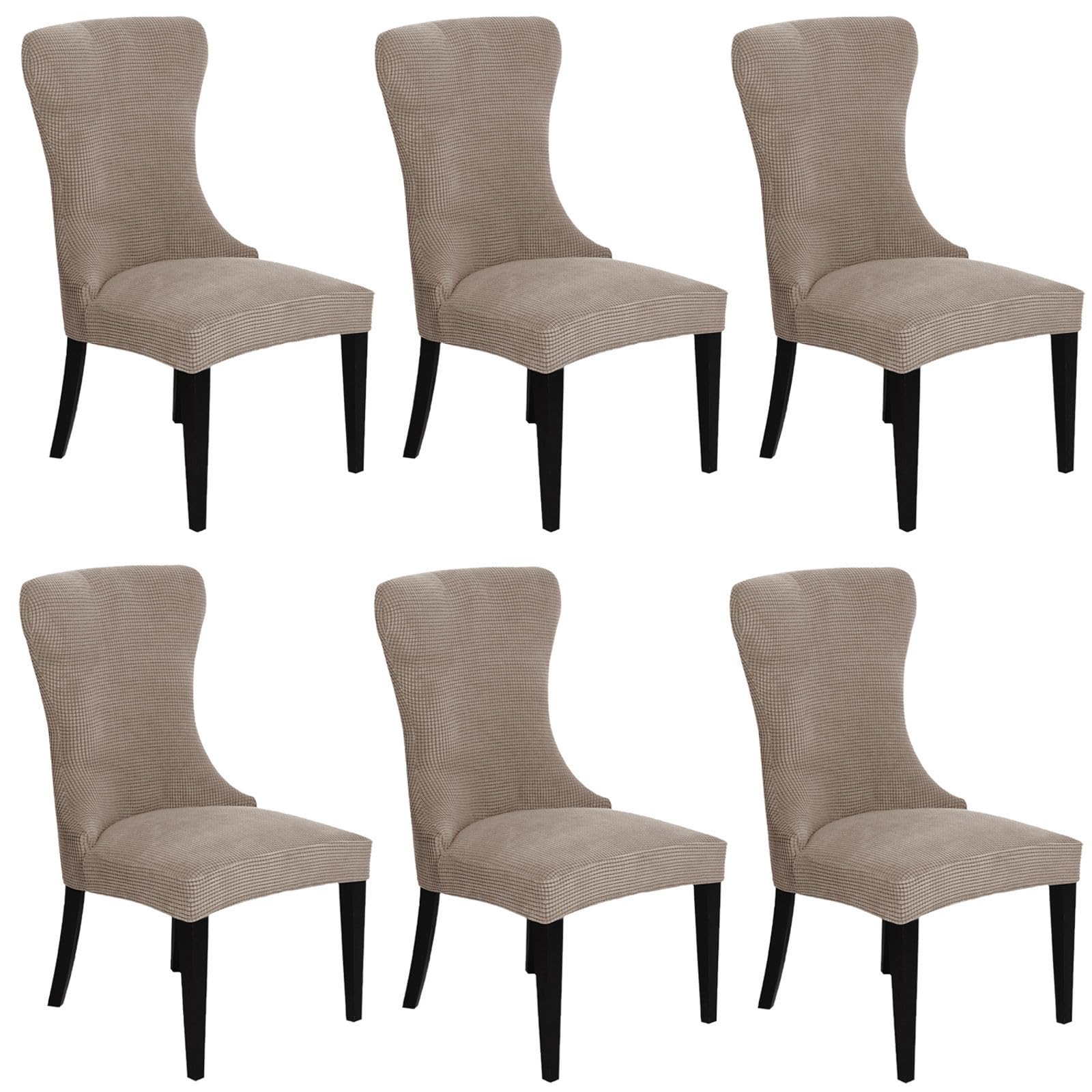 Curved Back Chair Covers Jacquard, Wingback Chair Cover Armless Removable Dining Chair Cover Soft Washable Chair Cover for Living Room-Khaki-Set of 6