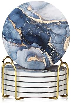 6 Pcs Navy Blue Marble Abstract Ceramic Coasters with Holder Best Absorbent Drink Coasters Round Ceramic Table Coasters Set Decorative Coffee Cup Beverage Coasters Wine Beer Bar Coasters