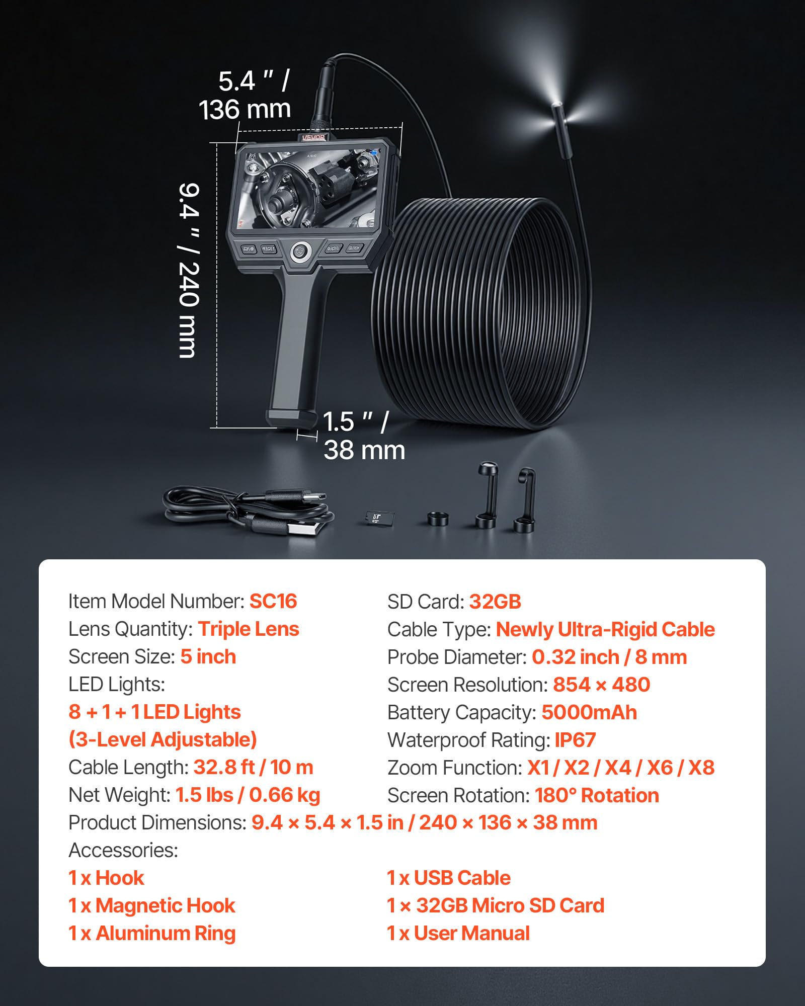 VEVOR Triple Lens Endoskopkamera mit Licht, Inspektionskamera mit 5 Zoll Bildschirm 10 m Kabel & 5000mAh Akku, 8 mm Rohrkamera mit 8X Zoom & IP67, Boroskopkamera mit Handgriff für Auto Rohre Abfluss