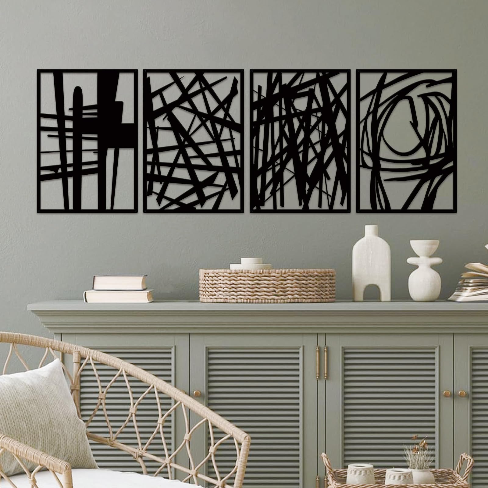 Décoration Murale Métal Noir – Lot De 4 Tableaux Abstraits Design Lignes, Effet 3D Et Ombres Pour Salon Ou Chambre (57x41cm)