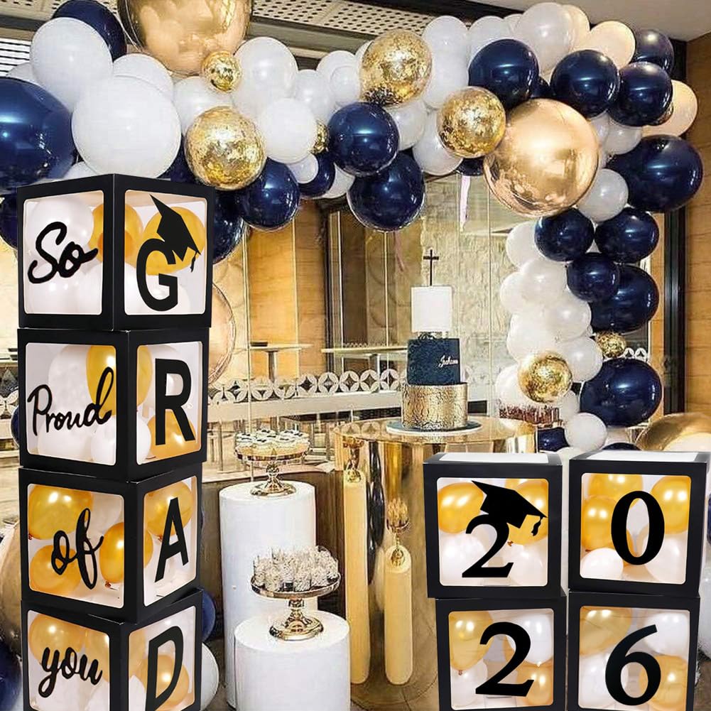 2026 Graduation Party Decorations, 4 Pieces Black Balloon Boxes with Letters of GRAD So Proud of You, 2026 for Graduation Party Supplies, Class of