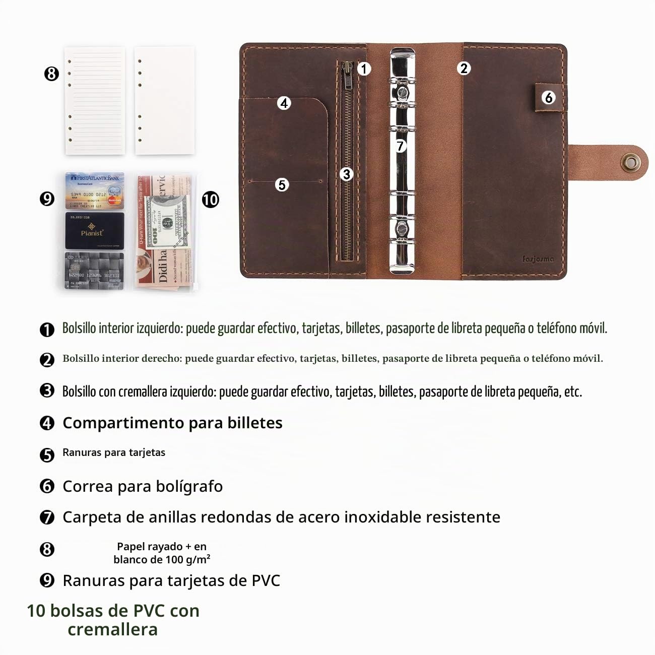 Cuaderno de piel con anillas recargables, 6 anillas de hojas sueltas y organizadores, diario de viaje A6 hecho a mano