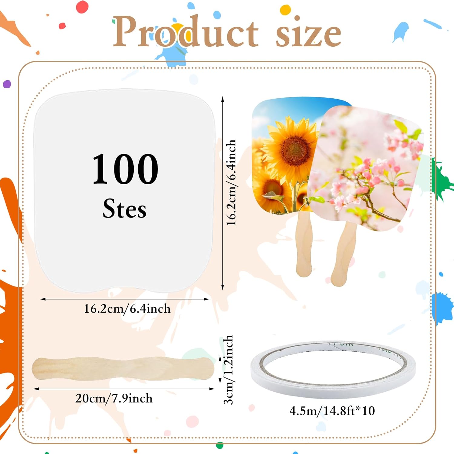 100 Church Fans Handheld Set, Wedding Fans Graduation Fan Paper Fan Bulk for DIY Crafting Painting Hand, Included Blank Cardstock Handle Craft Wooden Sticks Double Sided Tape