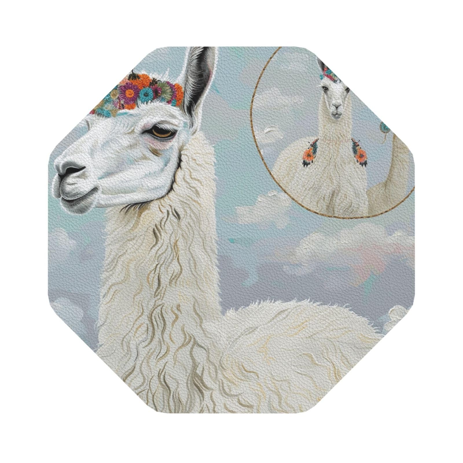 Llama Print Leather Coaster Set of 6, Octagon Coasters Table Decorative Coffee Cup Beverage Coasters Wine Beer Bar Coasters for Hot Drinks Table Protection