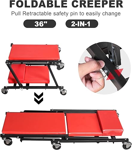 Miniatura 2 de BIG RED Z-Creeper Asiento plegable de 36 pulgadas, enredadera de garaje 2 en 1 para reparación de automóviles, 36 pulgadas color rojo, capacidad de