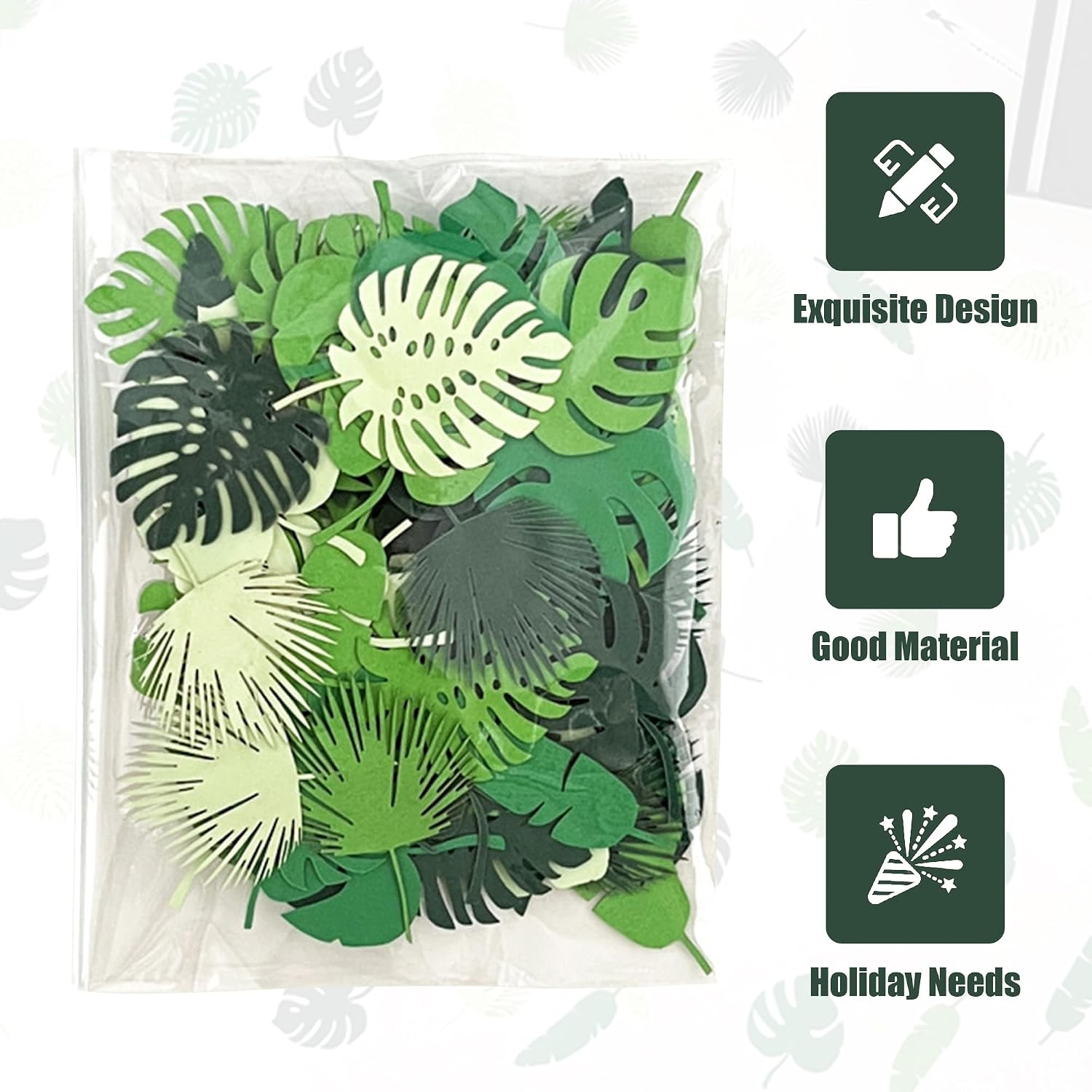 Palm Leaf Confetti, 100Pcs Tropical Confetti, 1.45-1.65 Inch Green Leaf Confetti, Tropical Table Confetti for Hawaiian Luau Party Jungle Theme Baby Shower Birthday Wedding Party Table Decorations