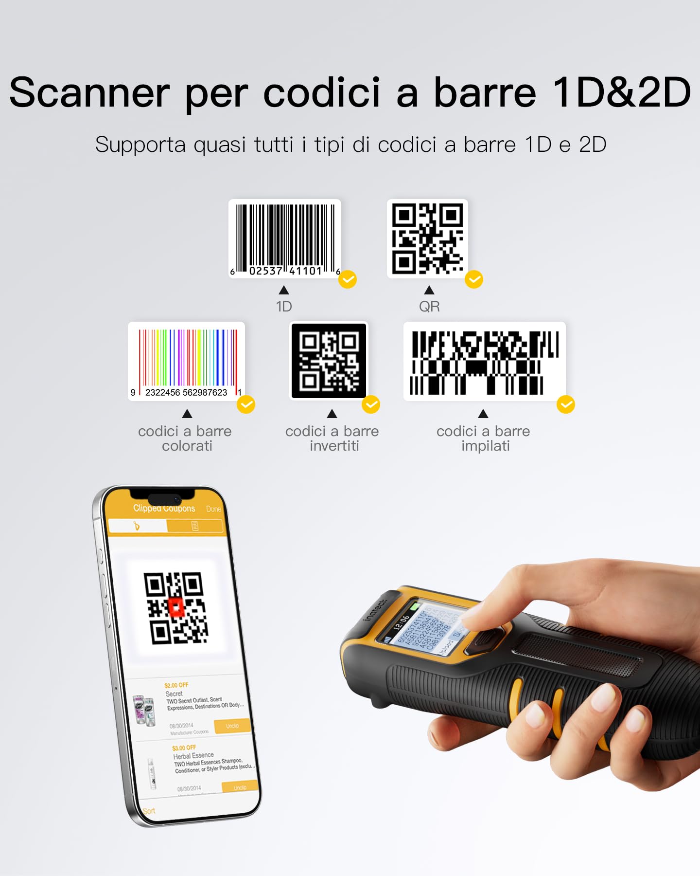 Inateck Lettore Codici a Barre 1D 2D QR, Portatile Barcode Scanner Wireless Bluetooth, Batteria 2600mAh, Compatibile Tablet iPhone Android iOS PC, Ideale Magazzino Logistica Negozio Spedizioni