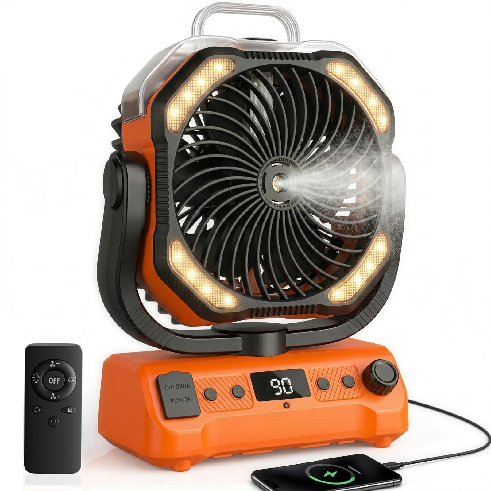 Lolleys Ventilateur Brumisateur de Camping 20000mAh, Ventilateur Portable Rechargeable avec Télécommande, Double Moteur, Crochet 360°, Vitesse Variable pour Extérieur Pêche Camping-car Plage, Orange