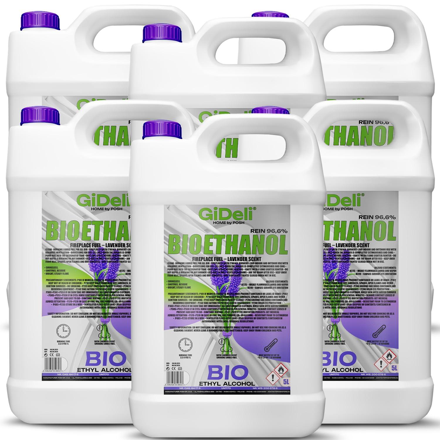 GiDeli Bioetanolo, 6 x 5 l, profumo di lavanda, 96,6% etanolo, per camini interni ed esterni, senza fumo e fuliggine, da mais e barbabietola da zucchero