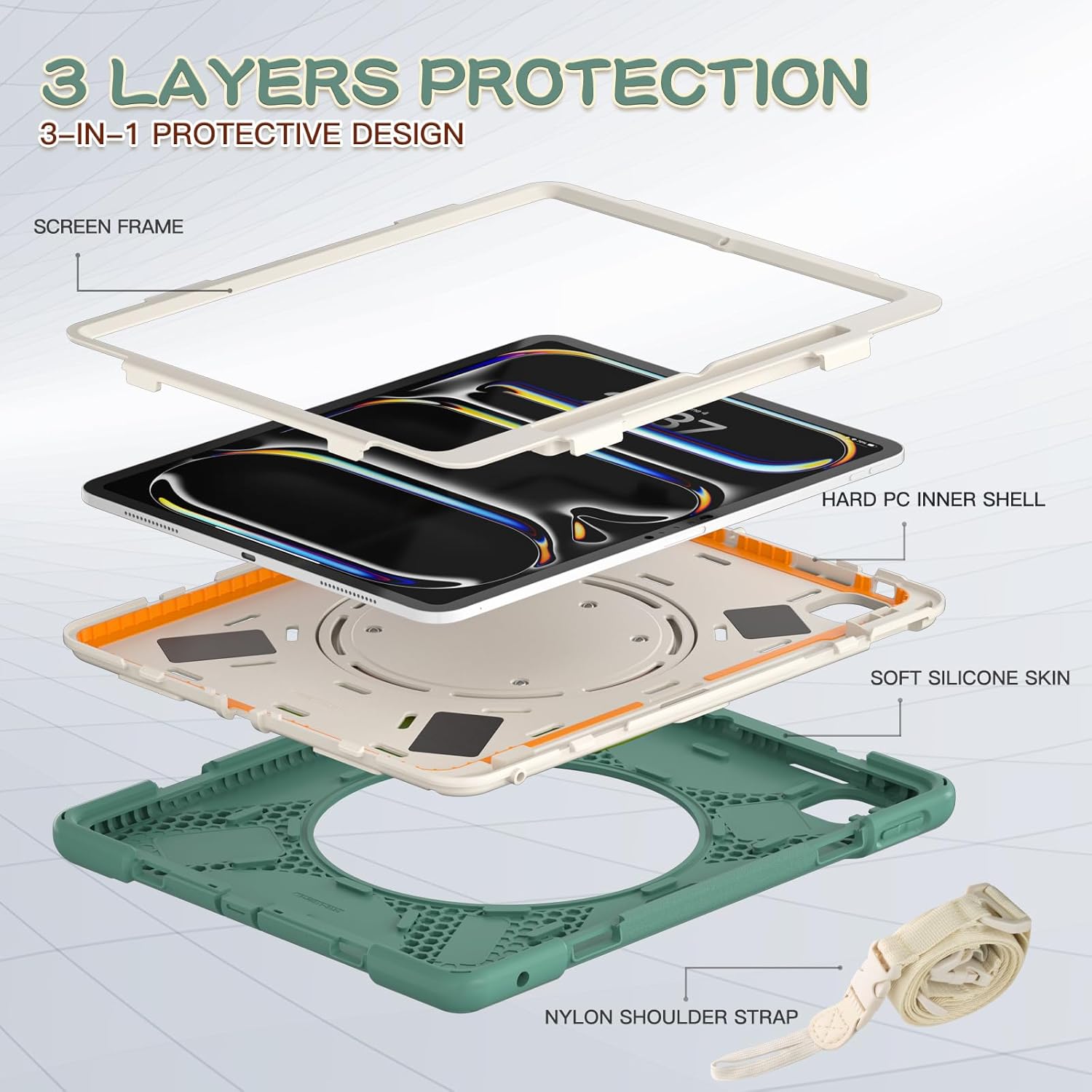 Batianda for New iPad Pro 13-inch Case 2025 M5 2024 M4 Chip Heavy Duty Rugged Durability Silicone Tablet Cover with 360° Rotating Ring Foldable Kickstand & Shoulder Strap, Sea Green