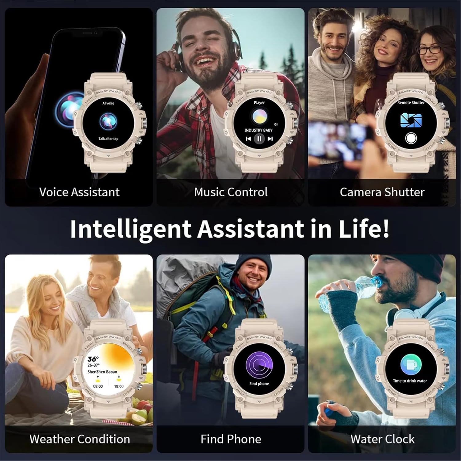 Collage of smart features: voice assistant, music control, camera shutter, weather, find phone, water clock.