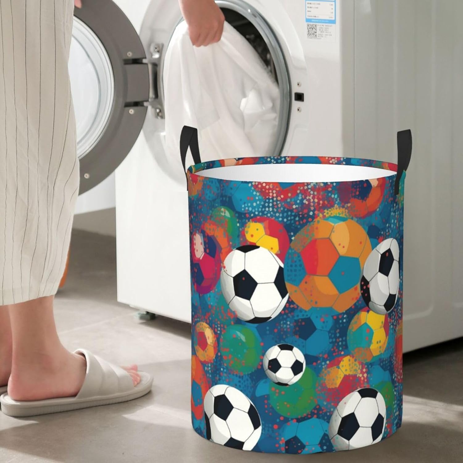 Colorful football Laundry Basket With Handles, Foldable Laundry Hamper Oxford Cloth Dirty Clothes Basket Waterproof Clothes Toys Storage Bin Organizer for Bedroom Bathroom Dorm