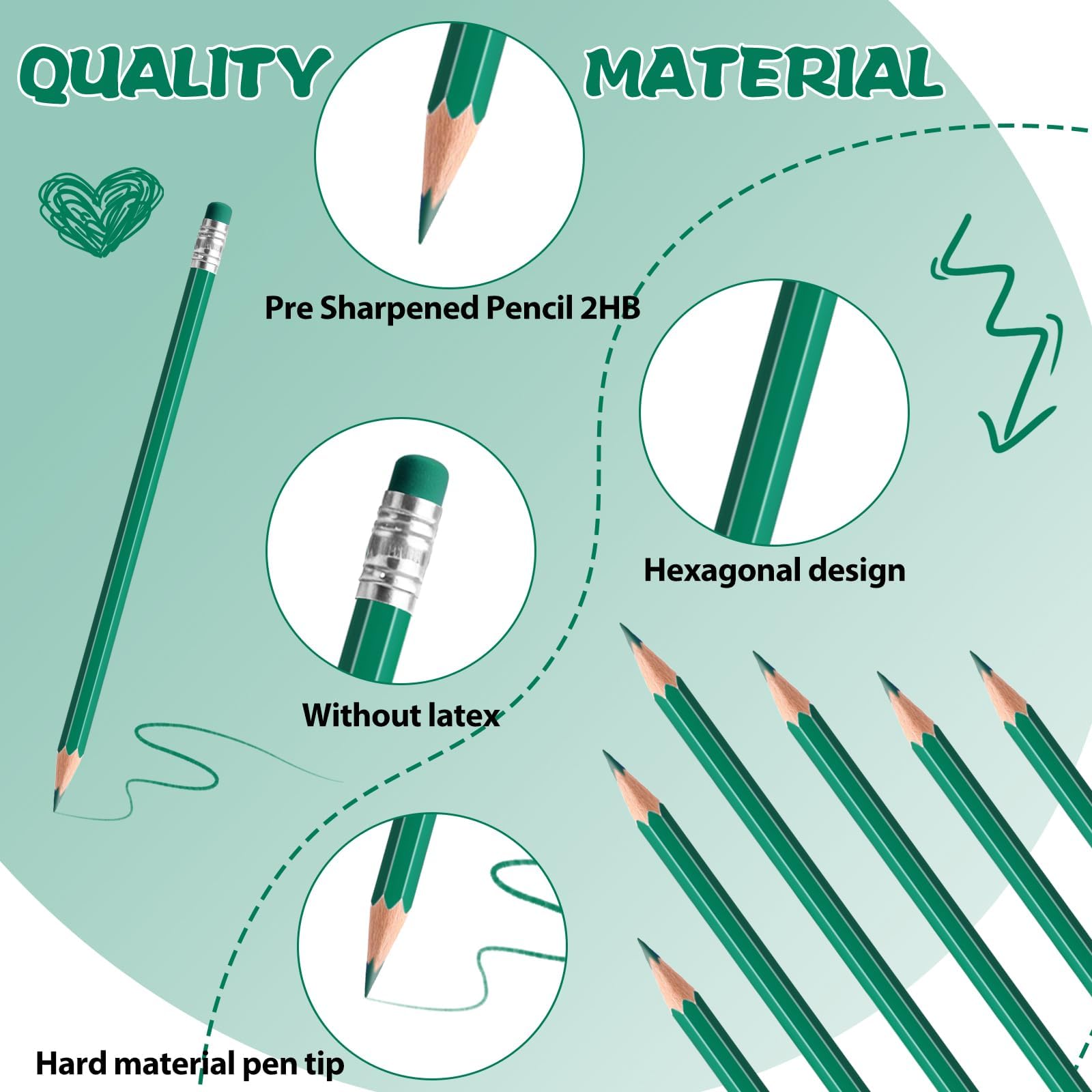 48 matite colorate cancellabili con gomma pre-temperate, 2 HB per controllo, classificazione, test e forniture per ufficio/scuola (verde)