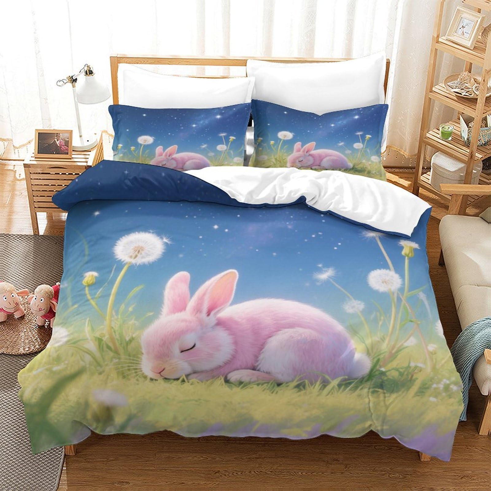 Duvet cover lapin rose 3D 140x200 parure de lit animaux mignon microfibre pour ado fille