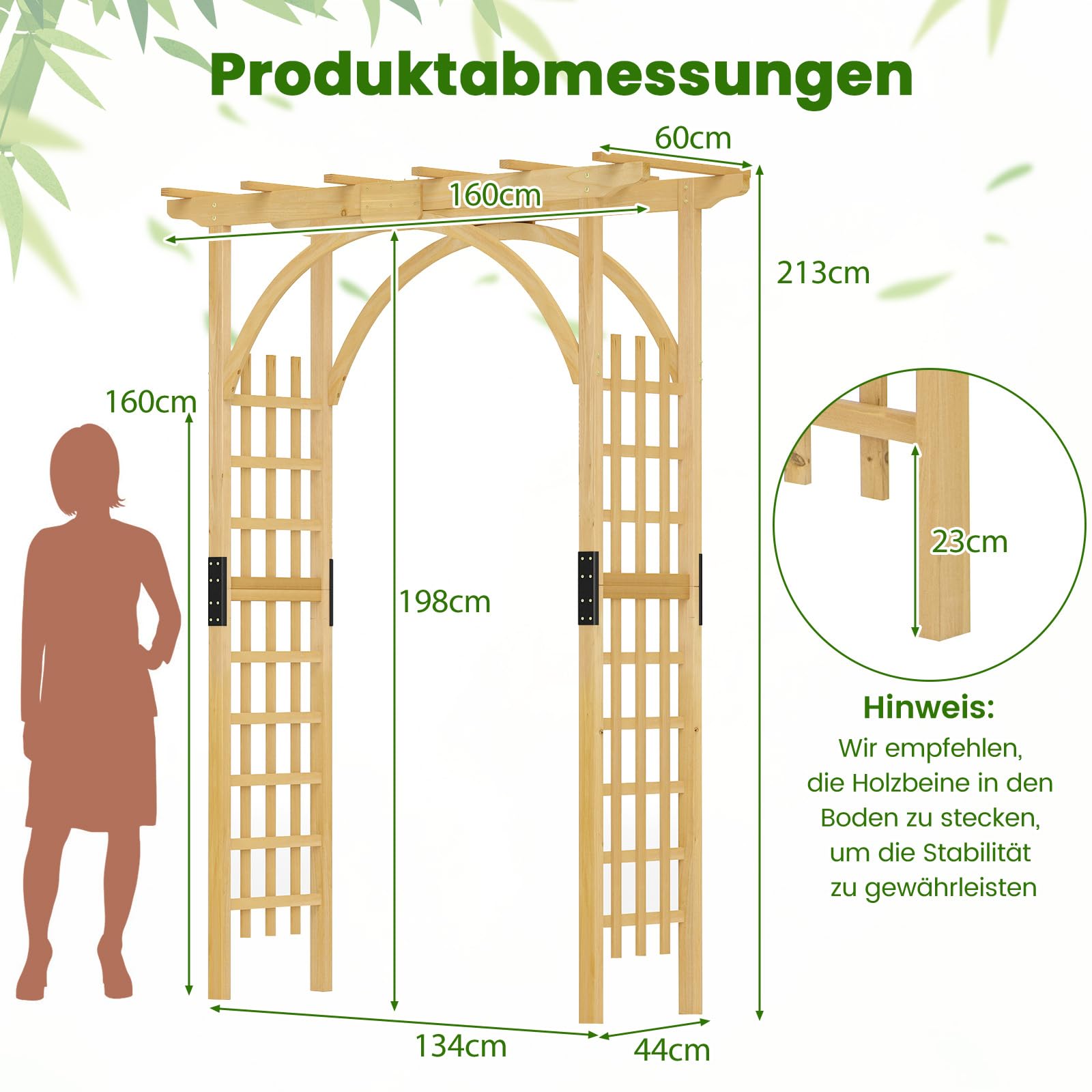 COSTWAY Rosenbogen Holz, Gartenbogen für Kletterpflanzen & hängende Körbe, Torbogen mit Dach, Rankhilfe Rankgitter Rankbogen, für Garten, Hochzeit, Party, Tannenholz, Natur, 160 x 60 x 213 cm