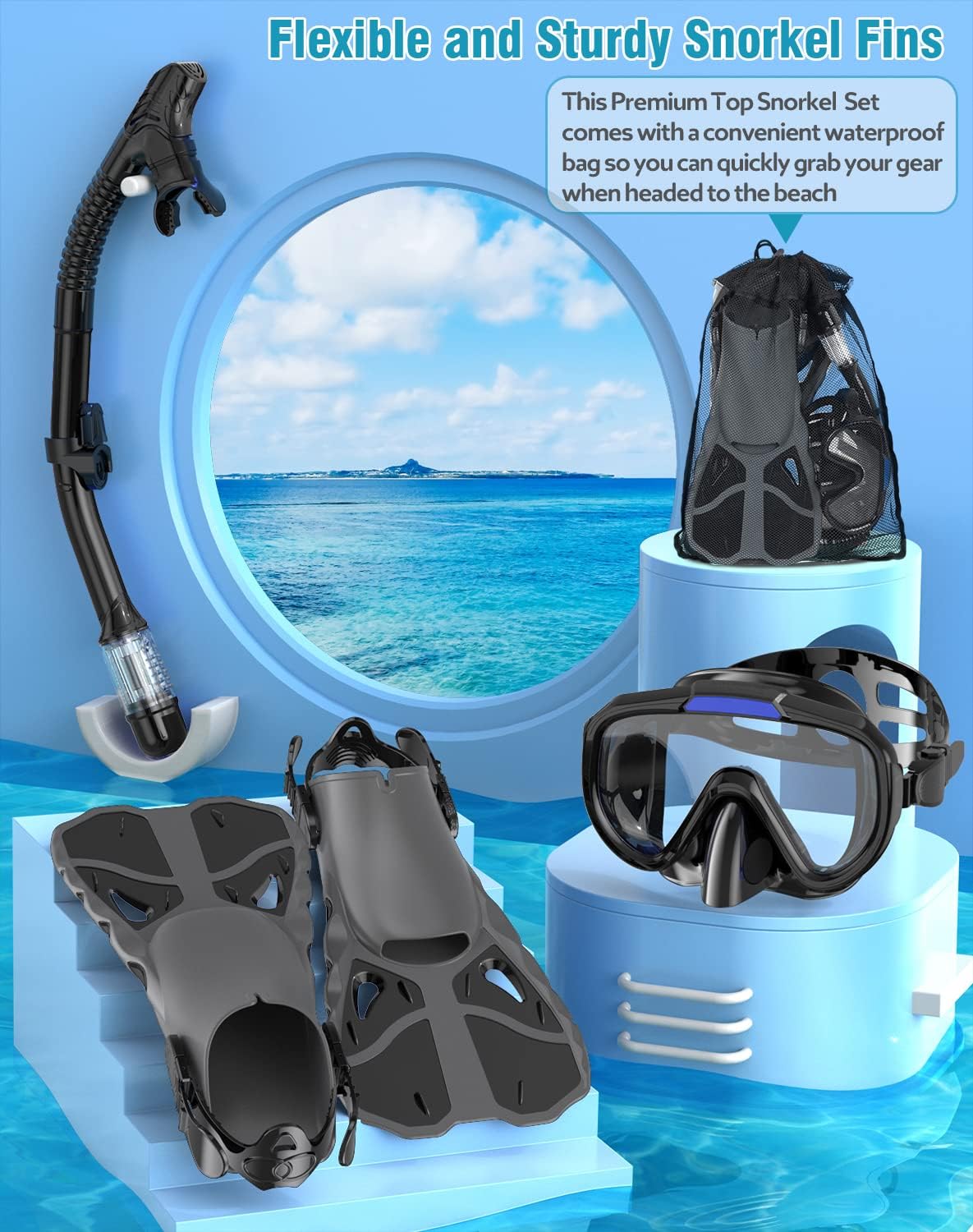 Snorkel Set with Fins for Adults, Snorkeling Gear for Adults Men and Women, Snorkle, Mask Set Adults Dry Top Snorkel Mask Combo Set with Travel Bag for Snorkeling, Diving, Swimming - Image 5