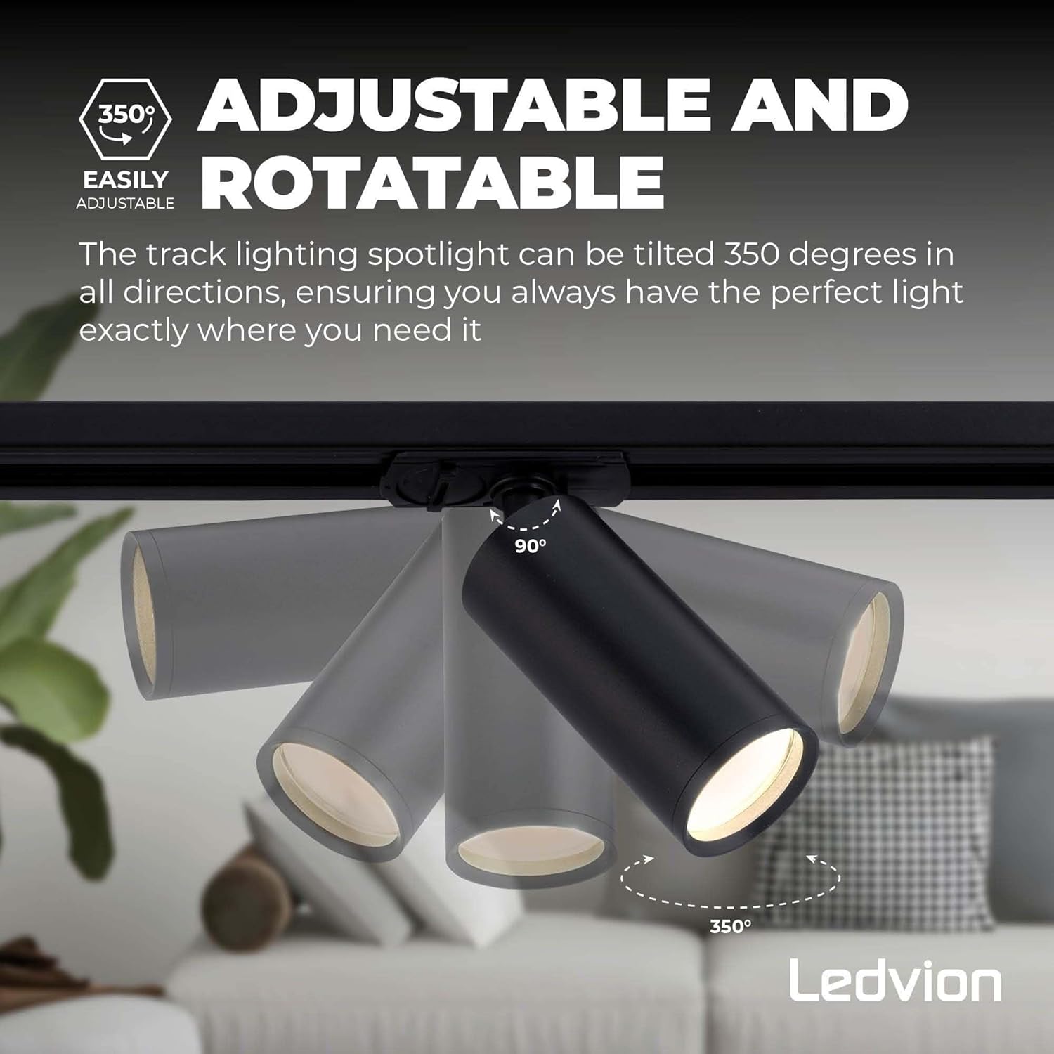 Ledvion spotlight demonstrating 350-degree tilt and 90-degree rotation.