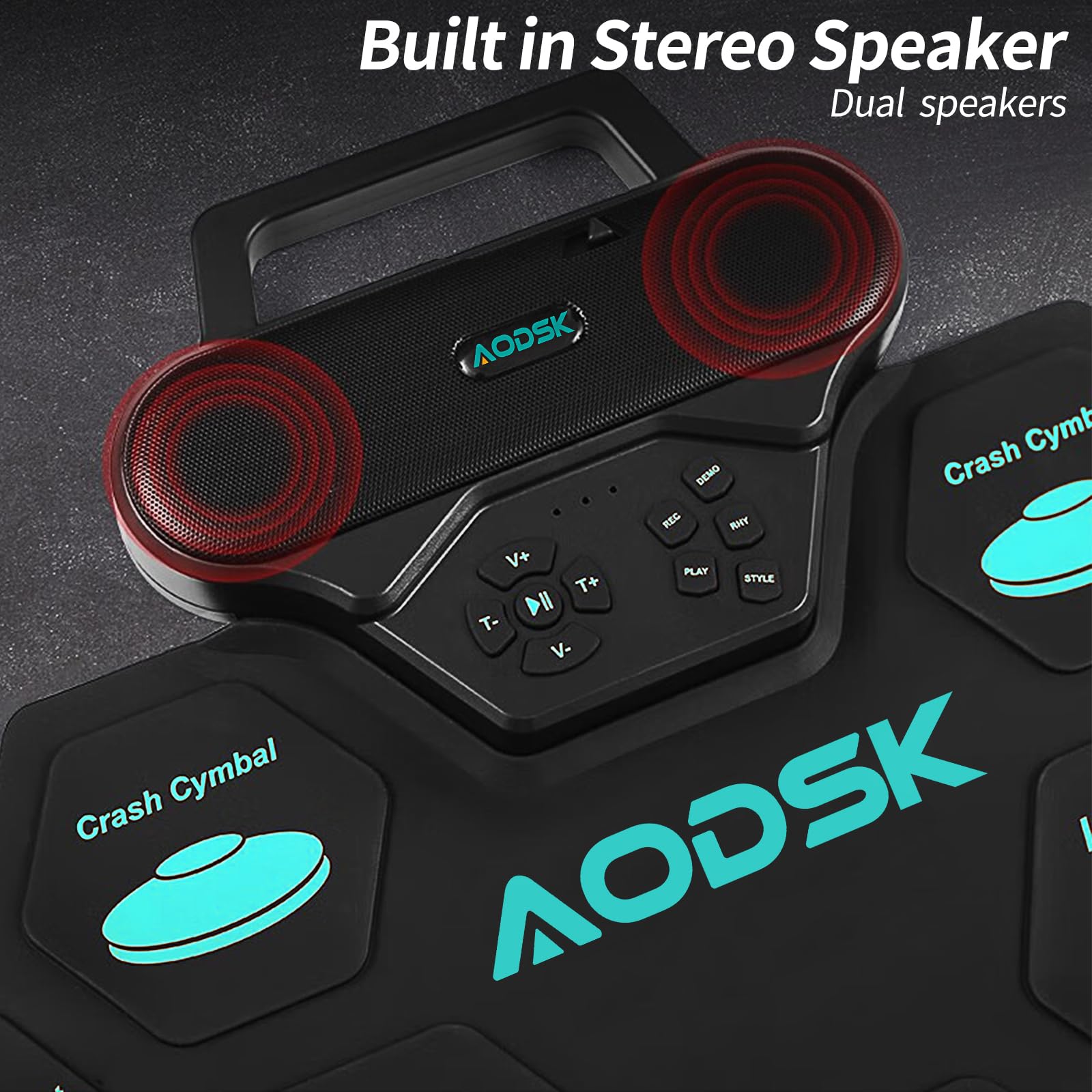 AODSK Set batteria elettronica, 9 pad per esercitarsi con jack per cuffie, macchina arrotolabile con altoparlante integrato, pedali, bacchette, ottimo regalo per Natale, compleanno