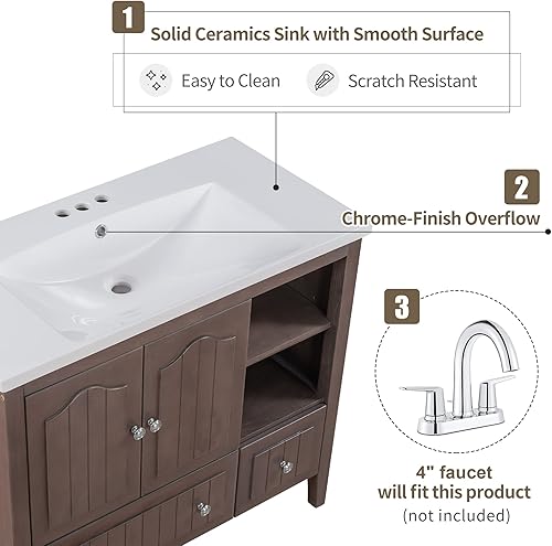 Miniatura 5 de Merax Juego de tocador de baño de 36 pulgadas con fregadero de cerámica armario con cajón y puertas marco de madera maciza con acabado pintado