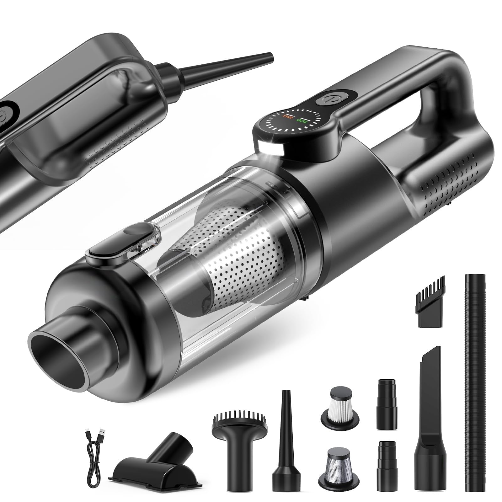 2 En 1 Aspirador de Mano Potente y Soplador Aire Comprimido, 17000Pa Aspiradora sin Cable Coche, Descarga de Polvo Automática con un Toque, 2 Niveles, Ideal para Pelo de Mascotas, Coche, Hogar