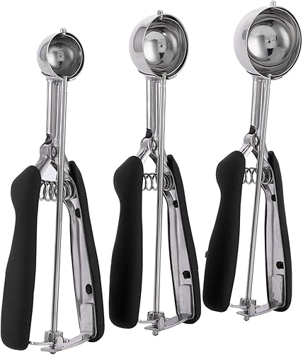 Miniatura 7 de Juego de 3 cucharas para helado, juego de cucharas multifuncionales para galletas, de acero inoxidable, con liberación de gatillo para hornear,