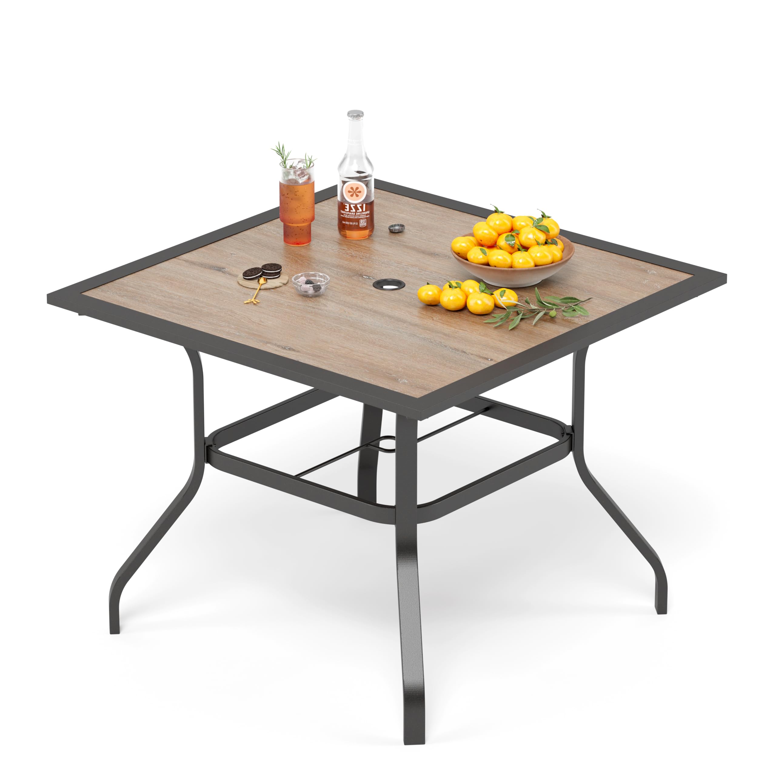 PHI VILLA Garden Outdoor Table Only Durable E-coating Metal Steel Patio Dining Table with 4cm Parasol Hole PVC Tabletop Square Table for Garden Outdoor Bistro Classic Brown