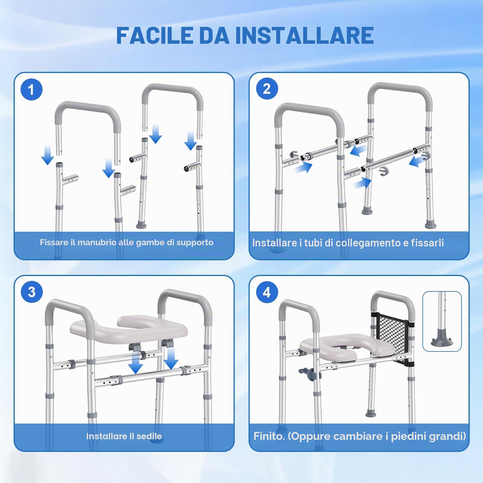 Rialzo WC per Anziani, Alzata per WC con Altezza e Larghezza Regolabili, Alza Water x Anziani con Braccioli per Anziani, Seduta Imbottita e Telaio in Alluminio, Adatto a Qualsiasi WC, Portata 150 kg