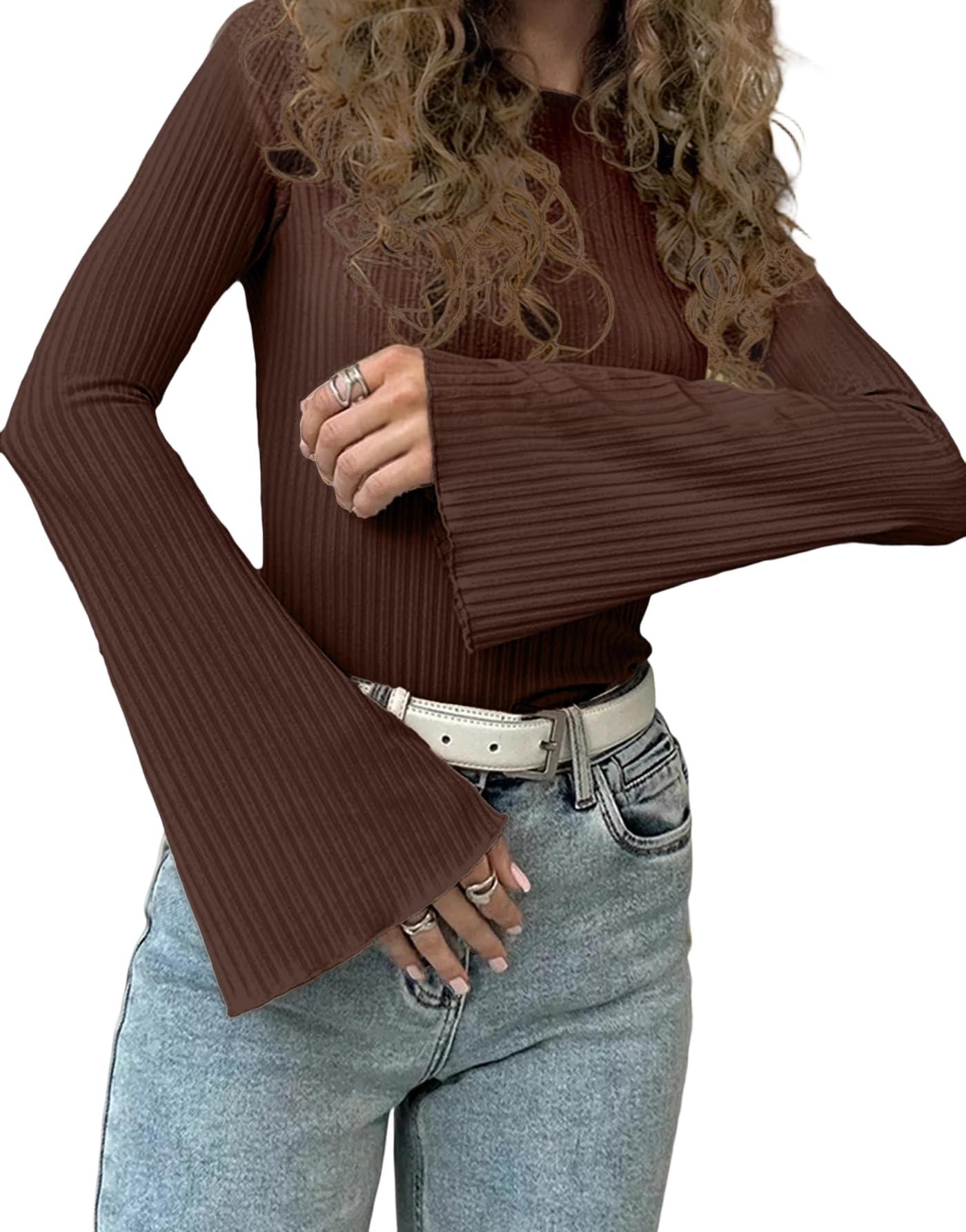 Womens Bell Long Sleeve Top Crewneck Shirt Ribbed Knit Pullover Sweater Slim Fit Trendy Dressy Casual Fall Outfits