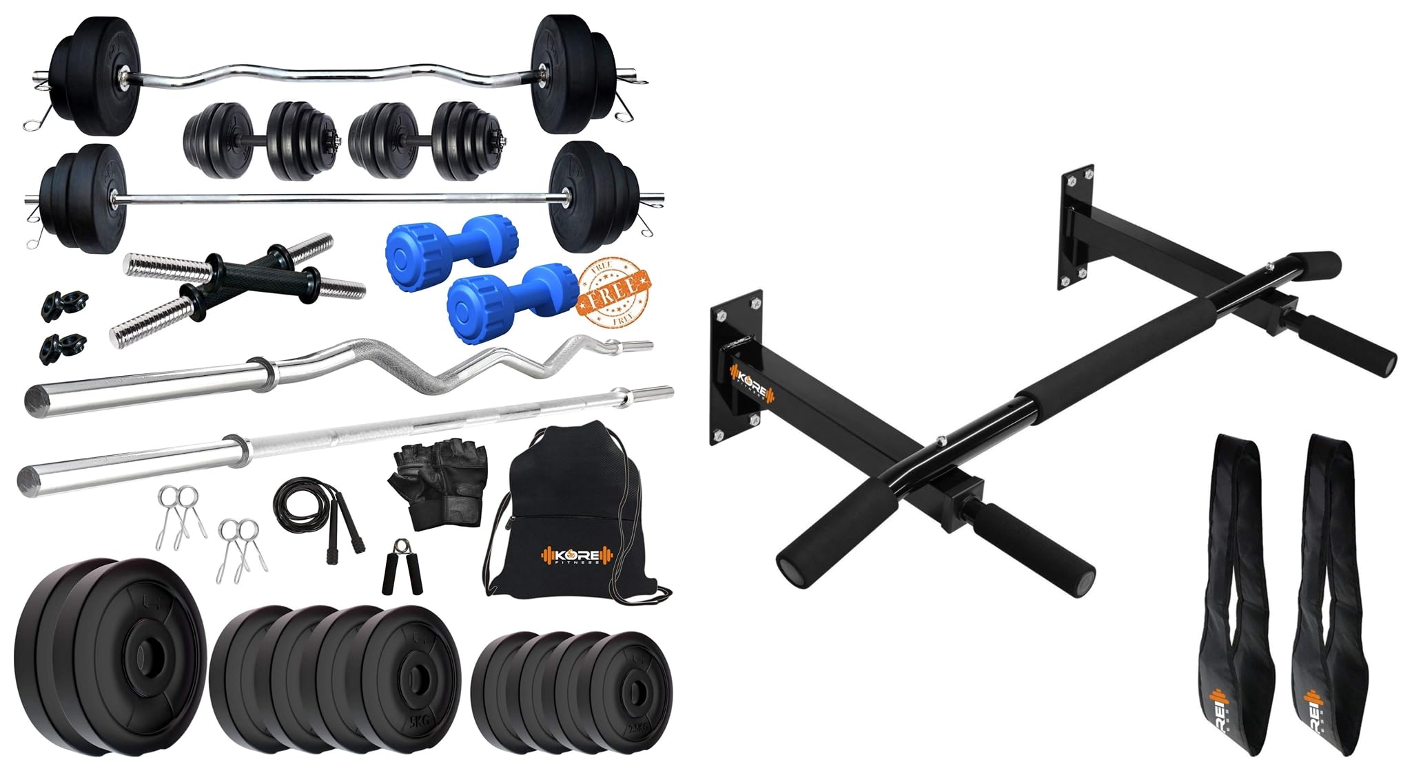 Kore PVC 50 Kg Combo 343 With PVC Dumbbells Home Gym Kit, Multicolour & Kore K-WM-CHINUP-BAR-SR-ABS Pull-Up Bar and Ab Strap Combo