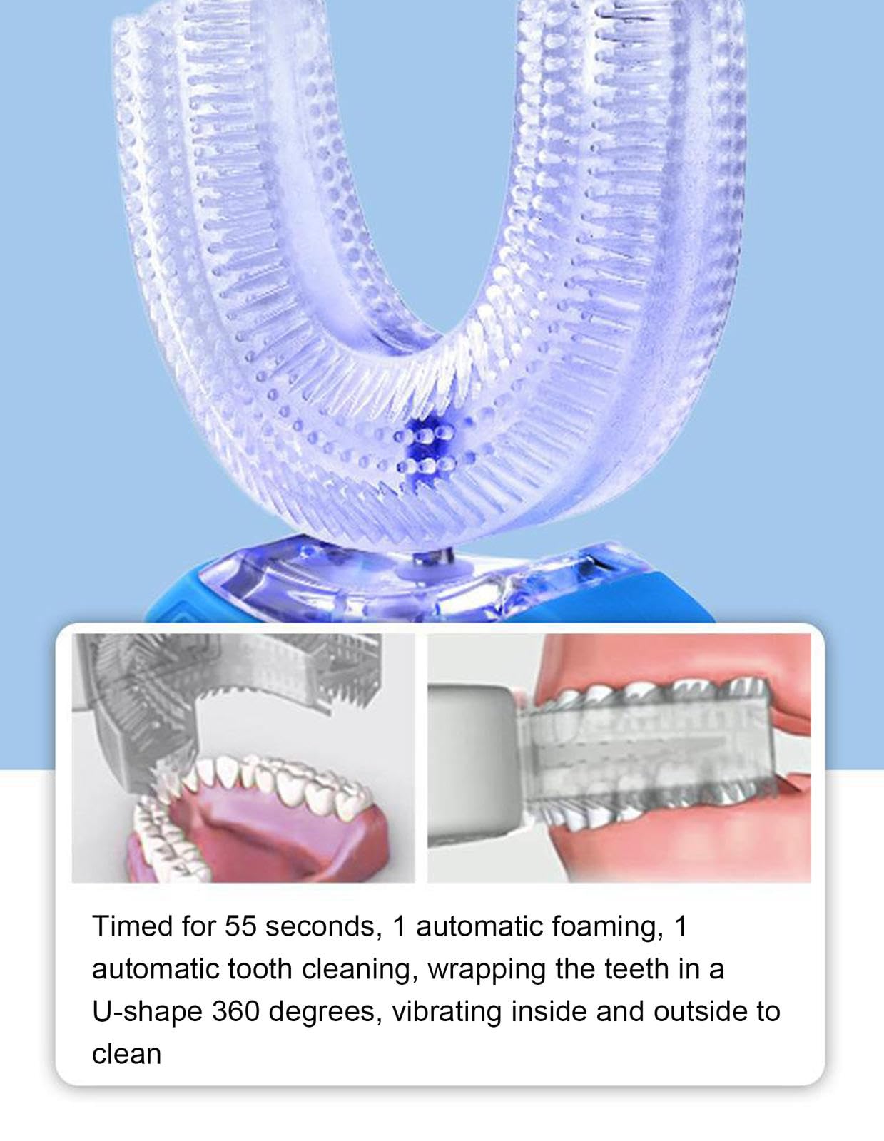 VIDECOR Cepillo de Dientes Eléctrico Automático para Adultos, Cepillo de Dientes Eléctrico de 360 ​​Grados, Cepillo de Dientes Eléctrico en Forma de U de Viaje,C