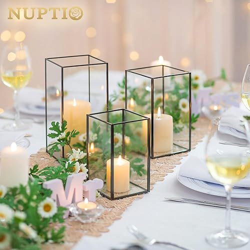 Miniatura 4 de Nuptio Portavelas de cristal para velas de pilar, 18 portavelas de metal negro, grandes y rectangulares, jarrón, centros de mesa, decoración para