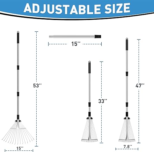 Miniatura 2 de Rastrillo de jardín para hojas, rastrillo de hojas ajustable de metal para césped, longitud de 37 a 53 pulgadas, cabeza ajustable expandible de 8 a