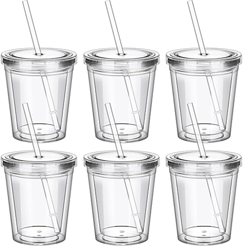 Miniatura 8 de FoldTier 6 vasos transparentes con tapa y popote para niños, vaso de doble pared de acrílico aislado de 12 onzas, vasos reutilizables de plástico