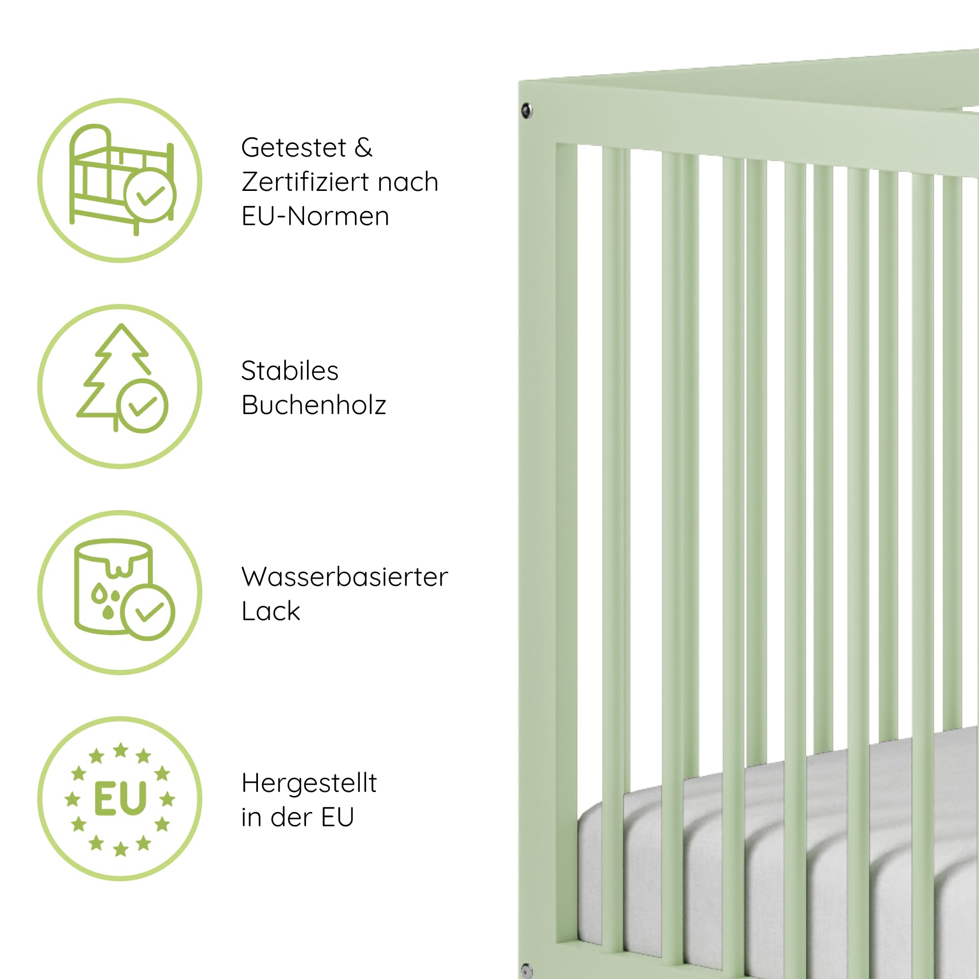 Kids Collective Babybett Kinderbett Gitterbett 60x120 & 70x140 cm höhenverstellbarer Lattenrost & herausnehmbare Sprossen stabiles Buchenholz | ab Geburt bis zum 3. Lebensjahr Made in EU | grün