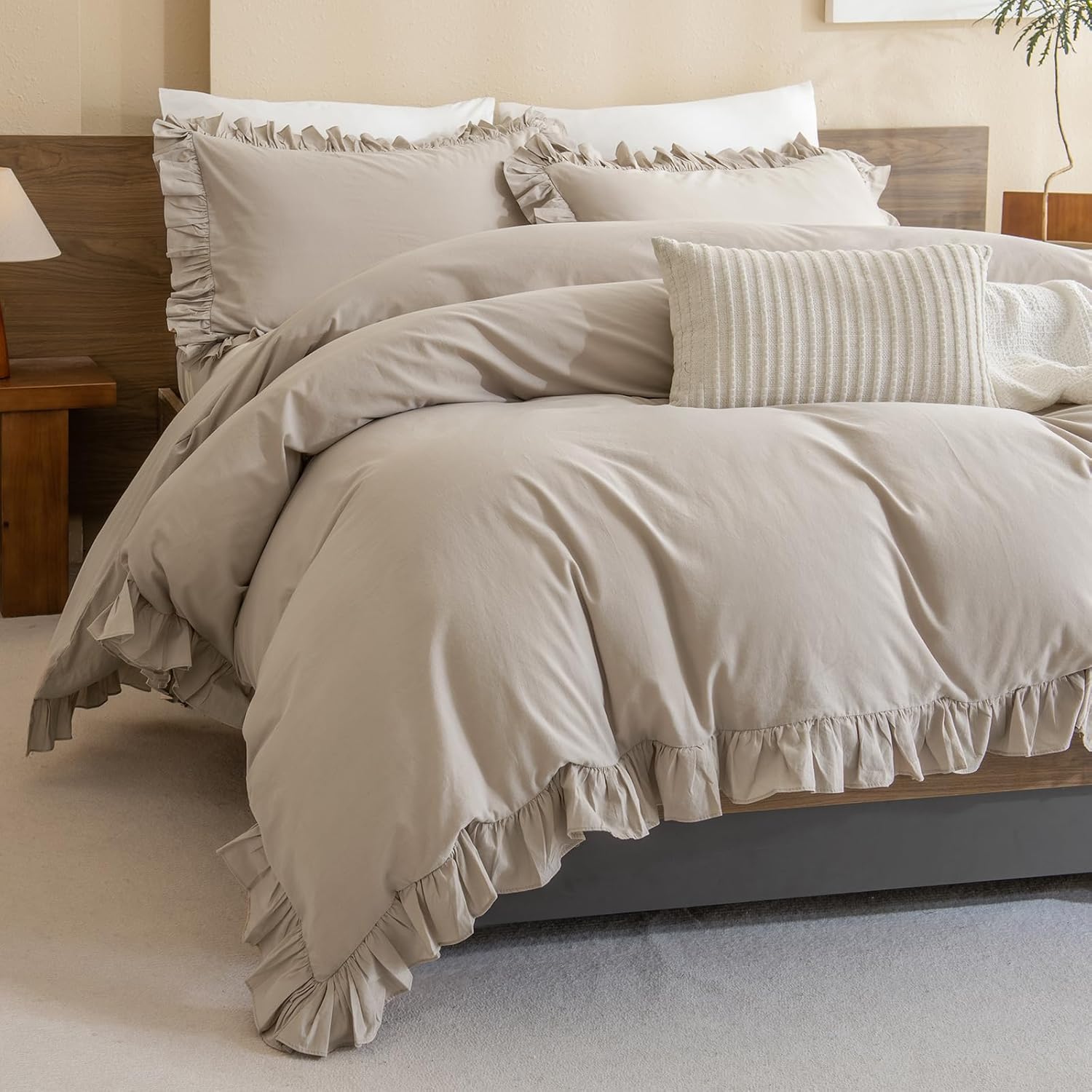 Sanracie Cotton King Ruffled Comforter Sets, 3 Pieces Linen Feel Ruffle Lightweight Breathable Bedding Comforter Set Soft Simple Solid French Country Aesthetic Comforter Set King(106"x90") Linen