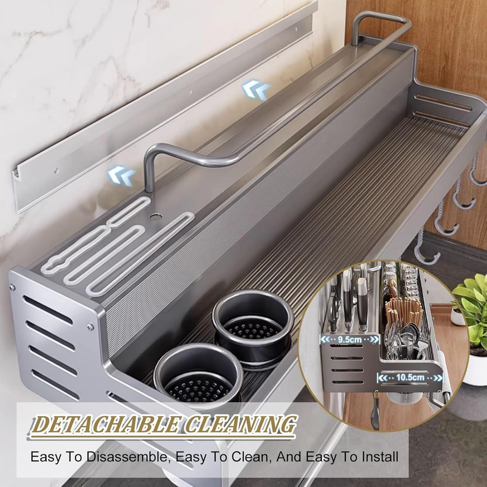 Organizador de Especias de Metal con Soporte para Utensilios y Ganchos para Toallas de Papel, Estante de Especias montado en la Pared, para Especias y Botellas de condimentos,A,L40cm