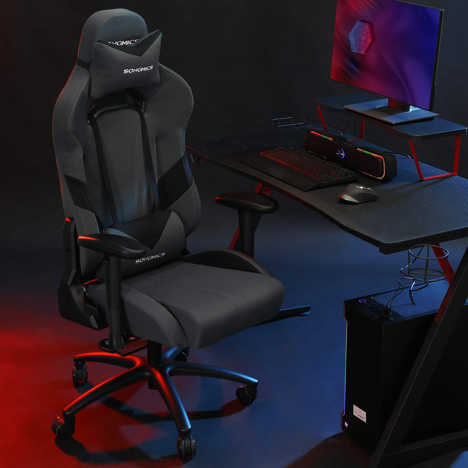 Songmics Bürostuhl Gaming Stuhl Chefsessel ergonomisch mit Verstellbare Armlehnen, Kopfkissen Lendenkissen 66 x 72 x 124-132 cm Grau-Schwarz RCG13G