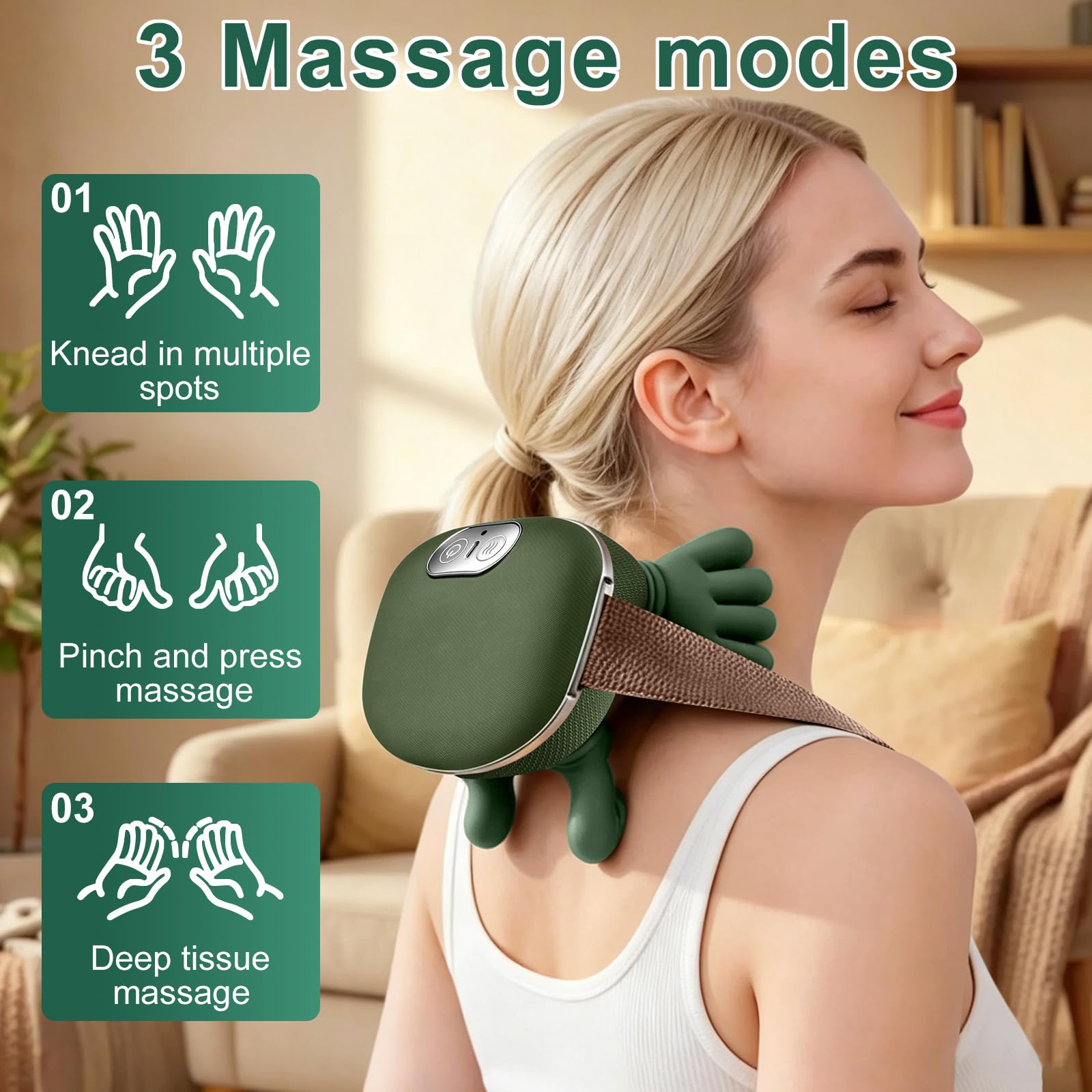 Masajeador Cervical 4D Sin Cables con Calor, Calentador de Cuello, 3 Niveles de Intensidad y 2 de Calor, Alivia Dolores de Cuello y Hombros, Recargable USB-C para Casa, Oficina y Viajes