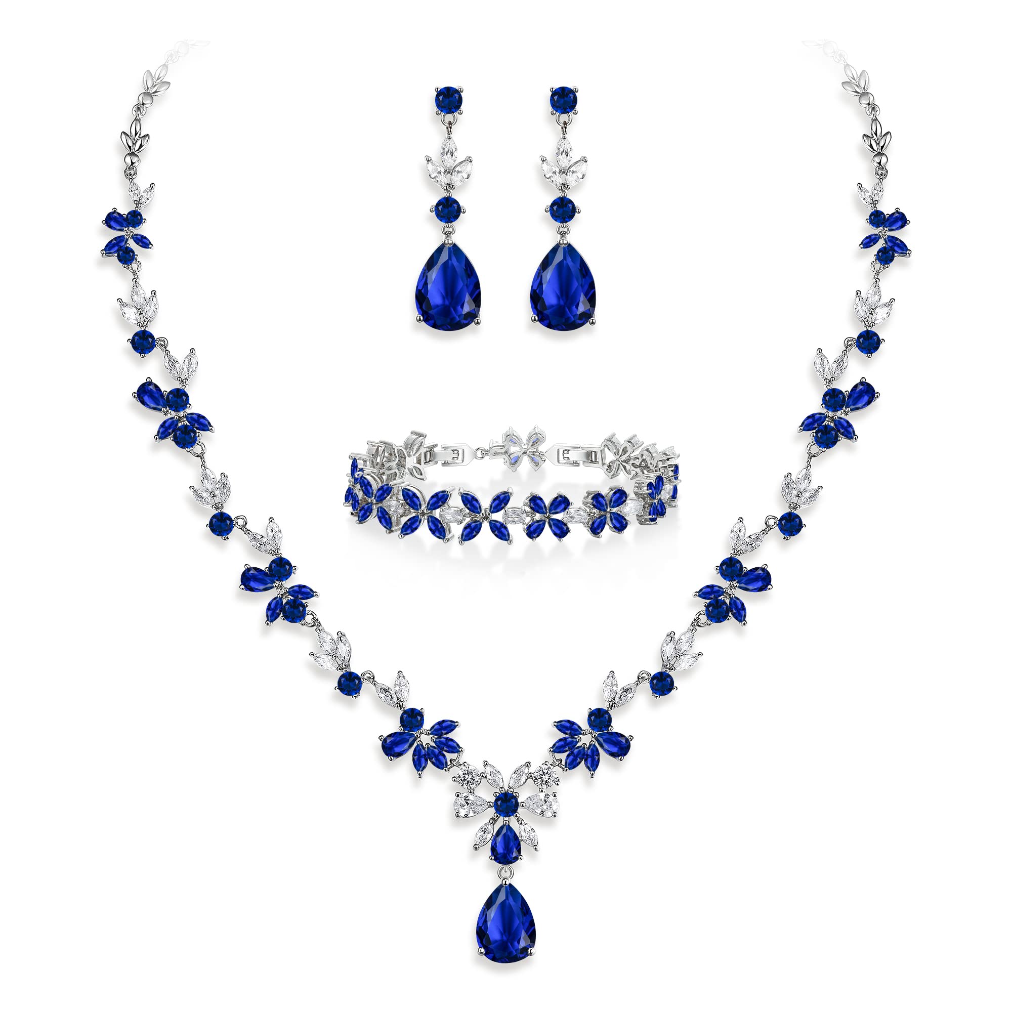 CrysdueWedding Jewelry Set for Women, Floral Necklace Dangle Earrings Bracelet Hair Comb Adjustable Ring Set, Cubic Zirconia Elegance Prom Party Jewelry for Bridal Bridesmaid, Cubic Zirconia, Cubic