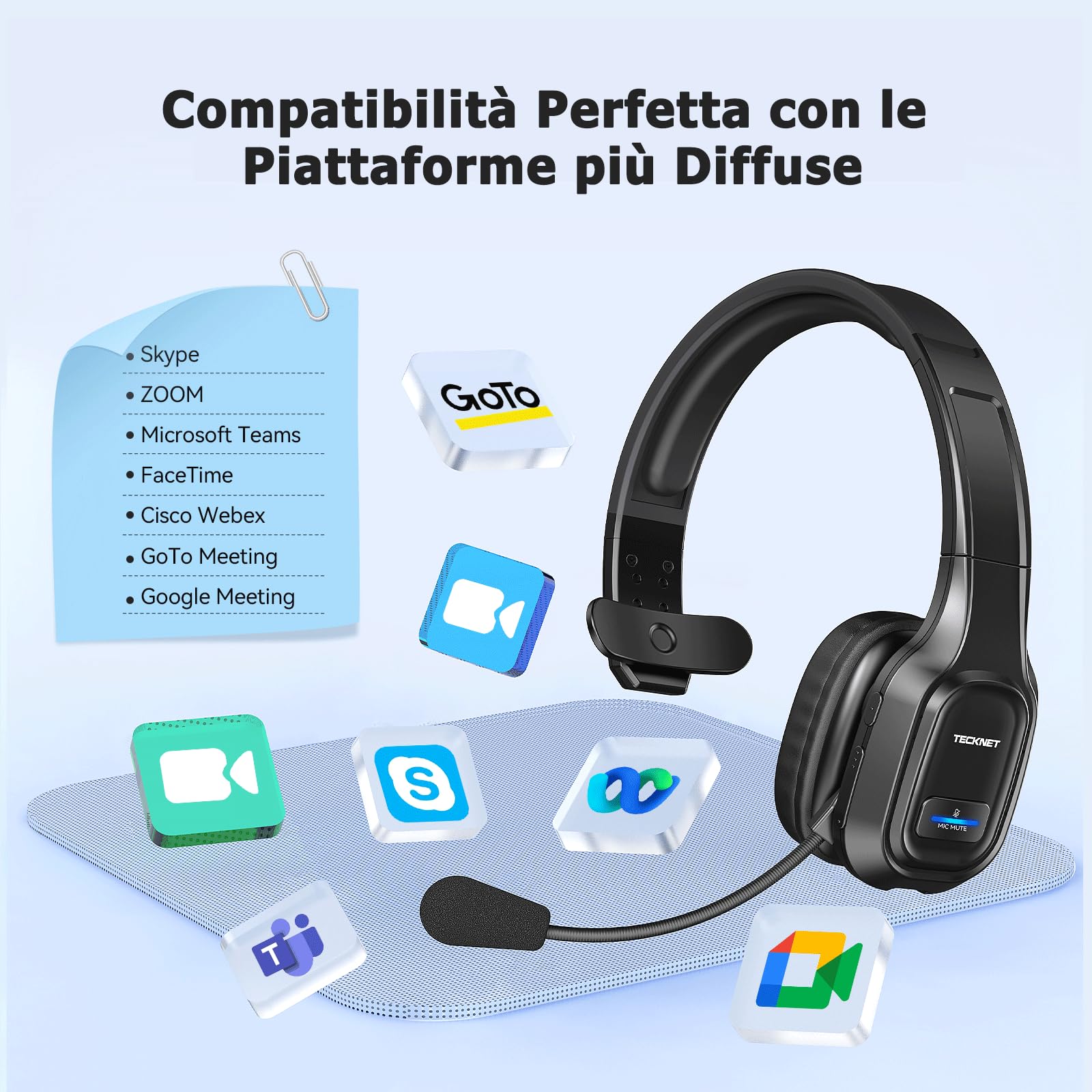 TECKNET Cuffie Bluetooth Senza Fili con Micro, Riduzione del Rumore Cuffie Audio 32-36 Ore di Autonomia per PC Portatile Computer/Call Center/Telefoni/Skype/Ufficio/Zoom/Camion Driver