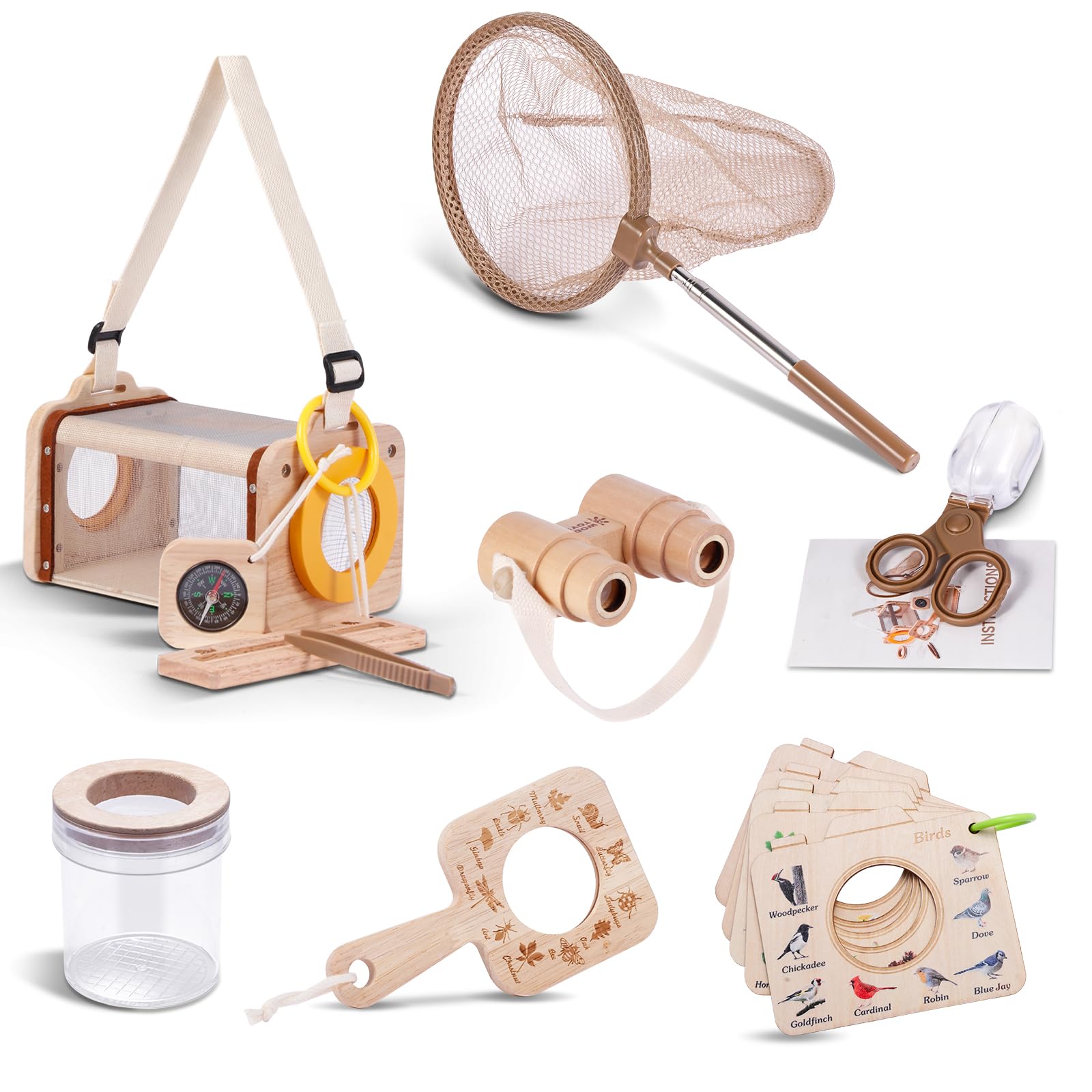 Astarama Kit Explorador Niños,5 Piezas Madera Atrapa Insectos con binoculares,casa de observación de Insectos,cazamariposas,brújula.Juguetes Educativos Regalos