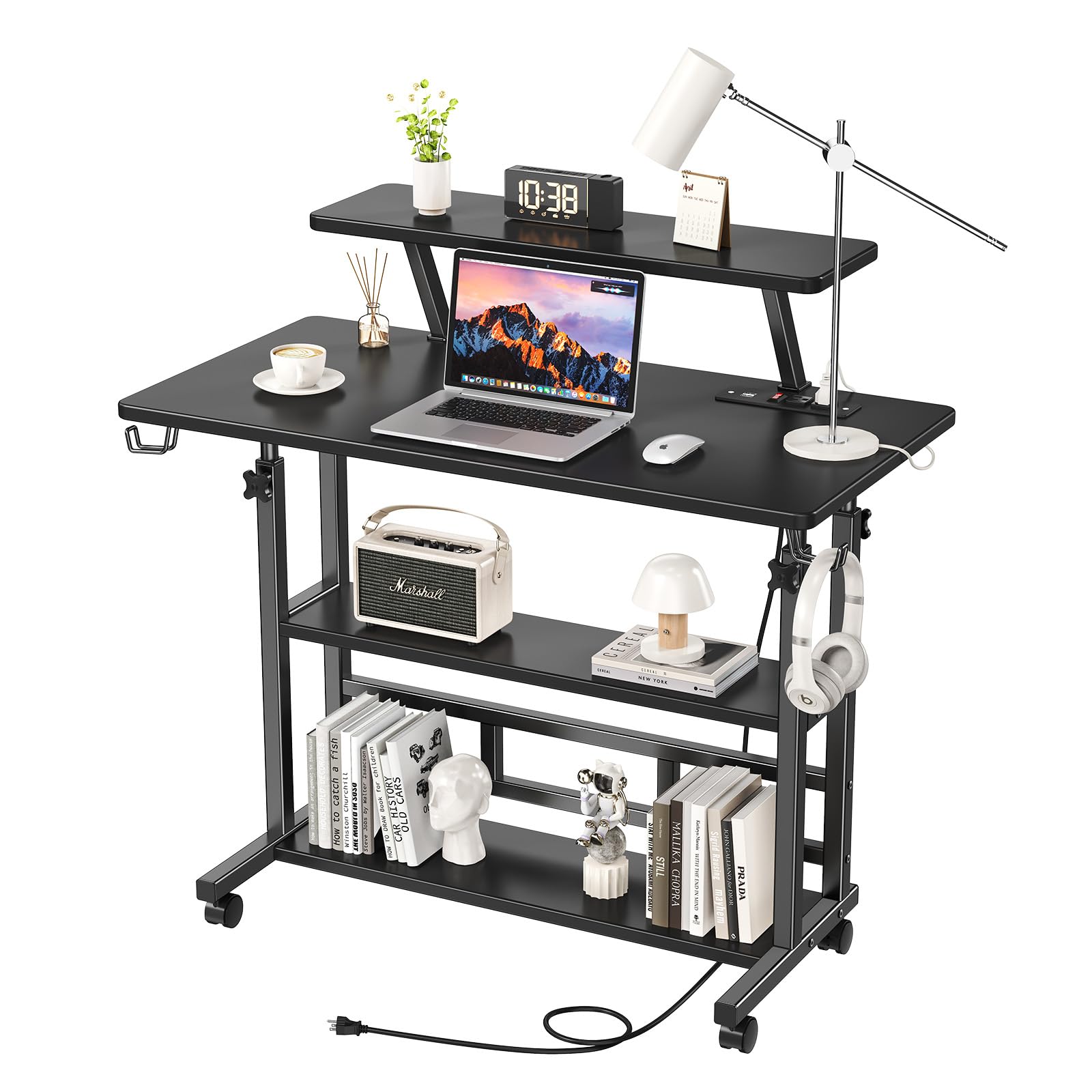 Adjustable Height Standing Desk with Power Outlets, Rolling Stand Up Desk with Monitor Stand and Storage Shelves, 31.5" Small Mobile Computer Desk,