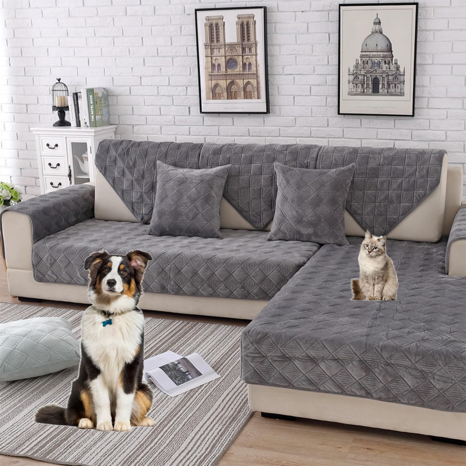 Housse de canapé d'angle en velours gris 70x150cm pour protection canapé convertible